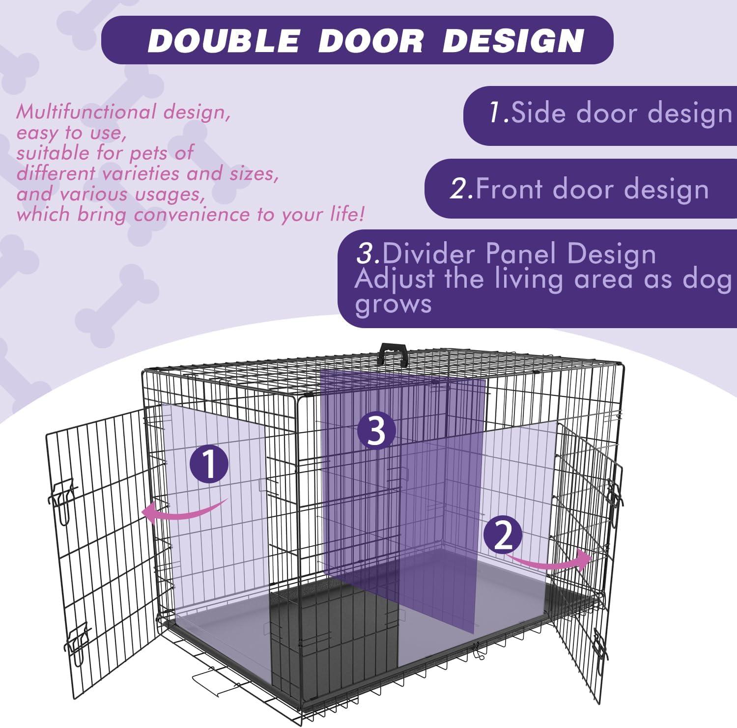 CL.HPAHKL Durable Large Dog Crate, Folding Metal Dog Kennel Double Door Dog Cage with Plastic Tray, Wire Crate for Large Dog Indoor Outdoor Travel (Black, 42 inch)