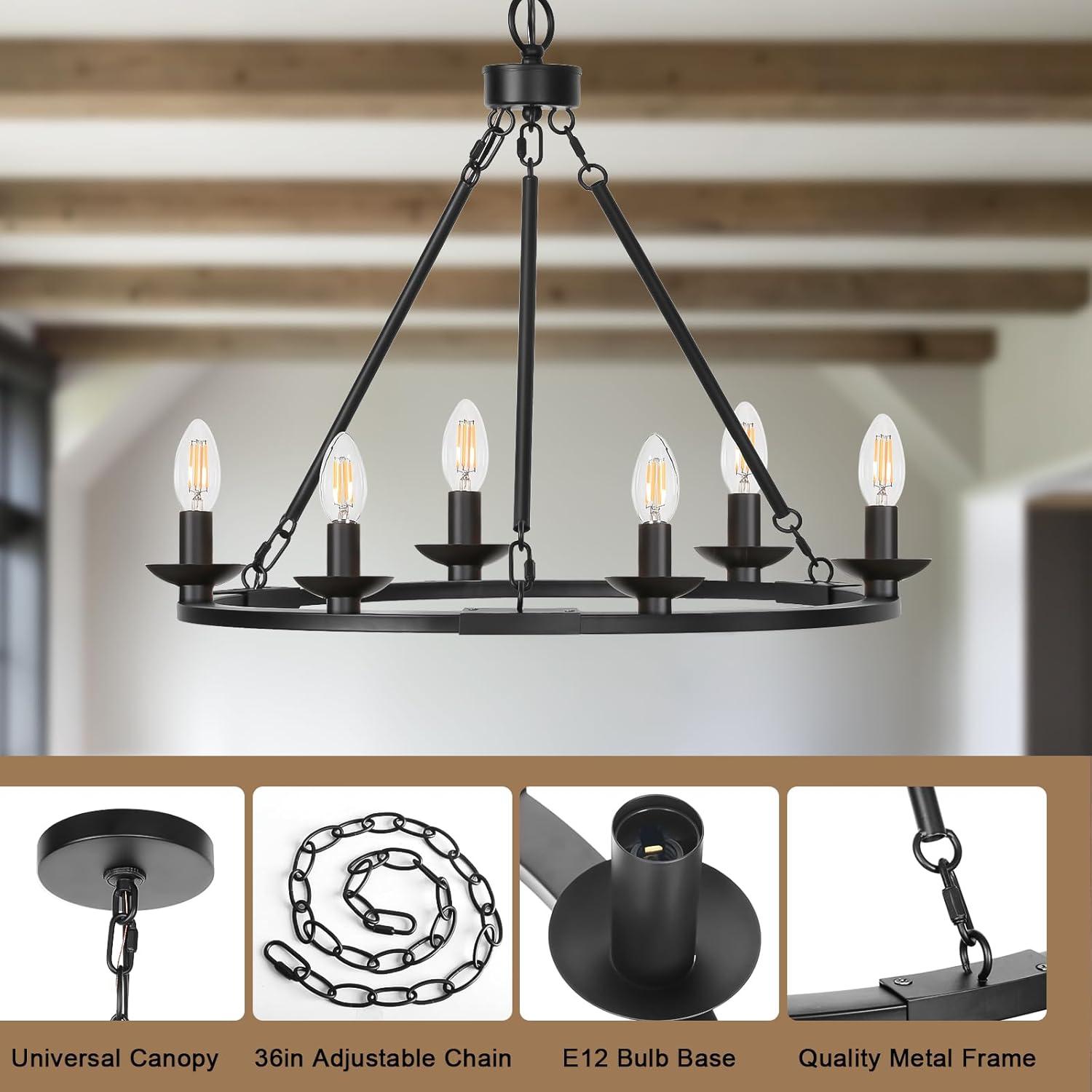 Black Farmhouse Wagon Wheel Candle Style Chandelier with Hemp Rope