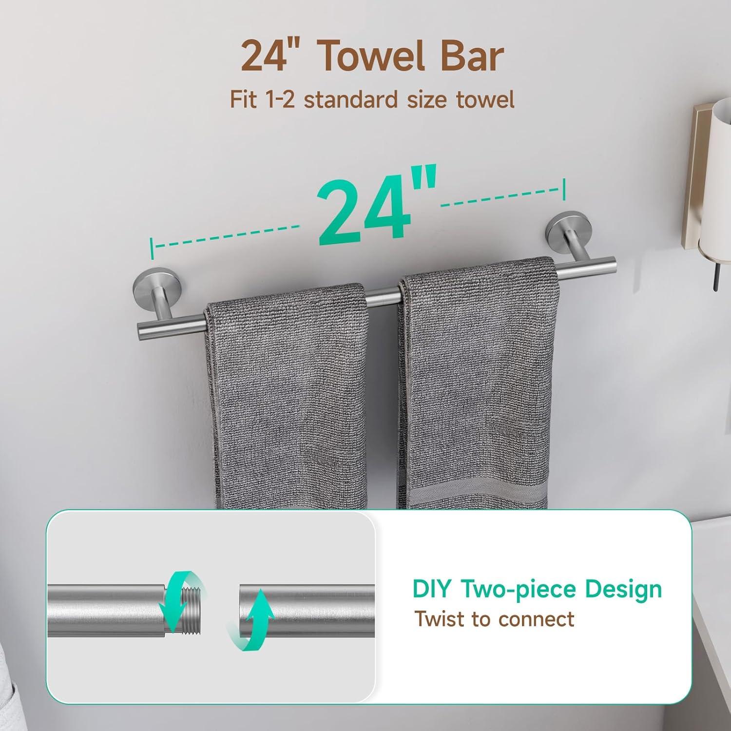 Brushed Nickel Bathroom Hardware Set, Modern 24-Inch Towel Bar Set Wall Mounted, Durable SUS304 Stainless Steel Bathroom Accessories Set, 4-Piece