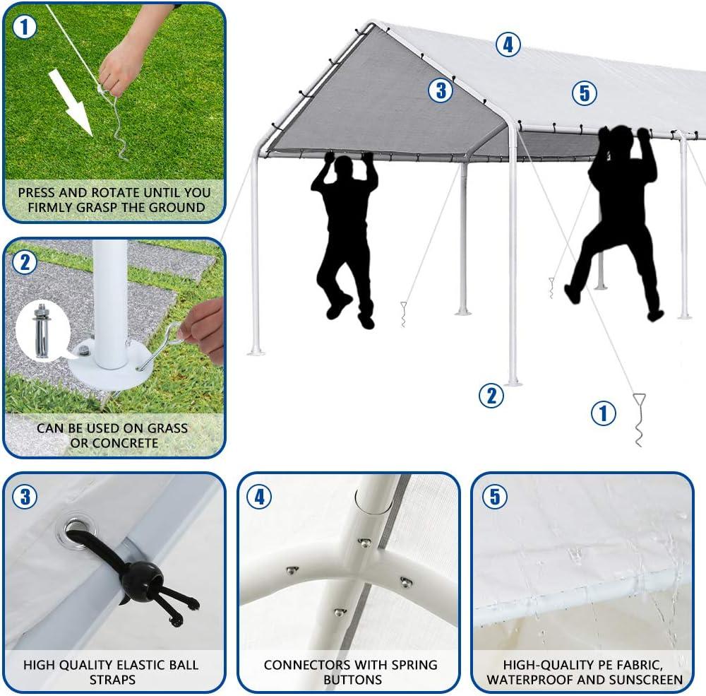 Quictent 10x20 ft Heavy Duty Carport Canopy Galvanized Car Tent Outdoor Garage Boat Shelter with Reinforced Structure, No Sidewall - White