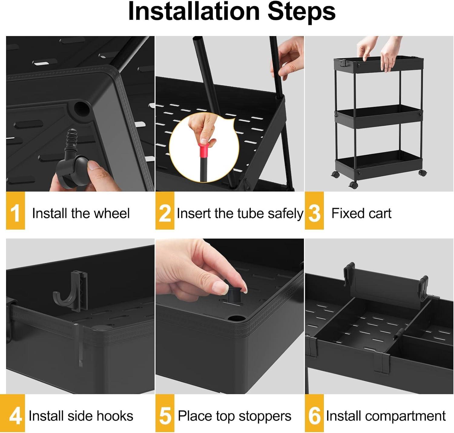 Slim Storage Cart,3 Tier Bathroom Rolling Utility Cart Storage Organizer Slide Out Cart, Mobile Shelving Unit Organizer trolley for Office Bathroom Kitchen Laundry Room Narrow Places, Black