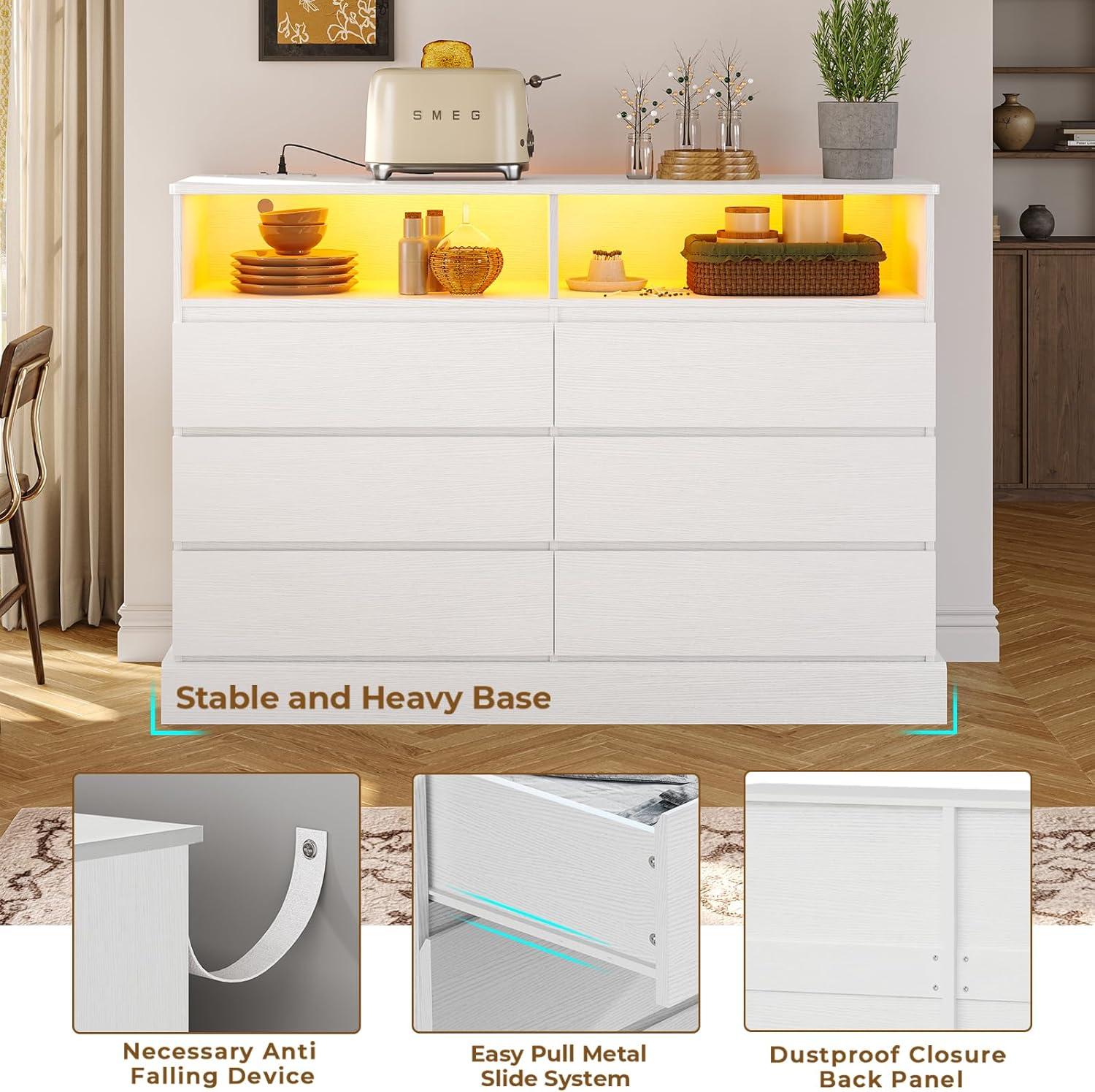 6 Drawers Dresser Storage Cabinets for Bedroom, Dresser Chest of Drawers with Charging Station&LED Lights for Living Room, White