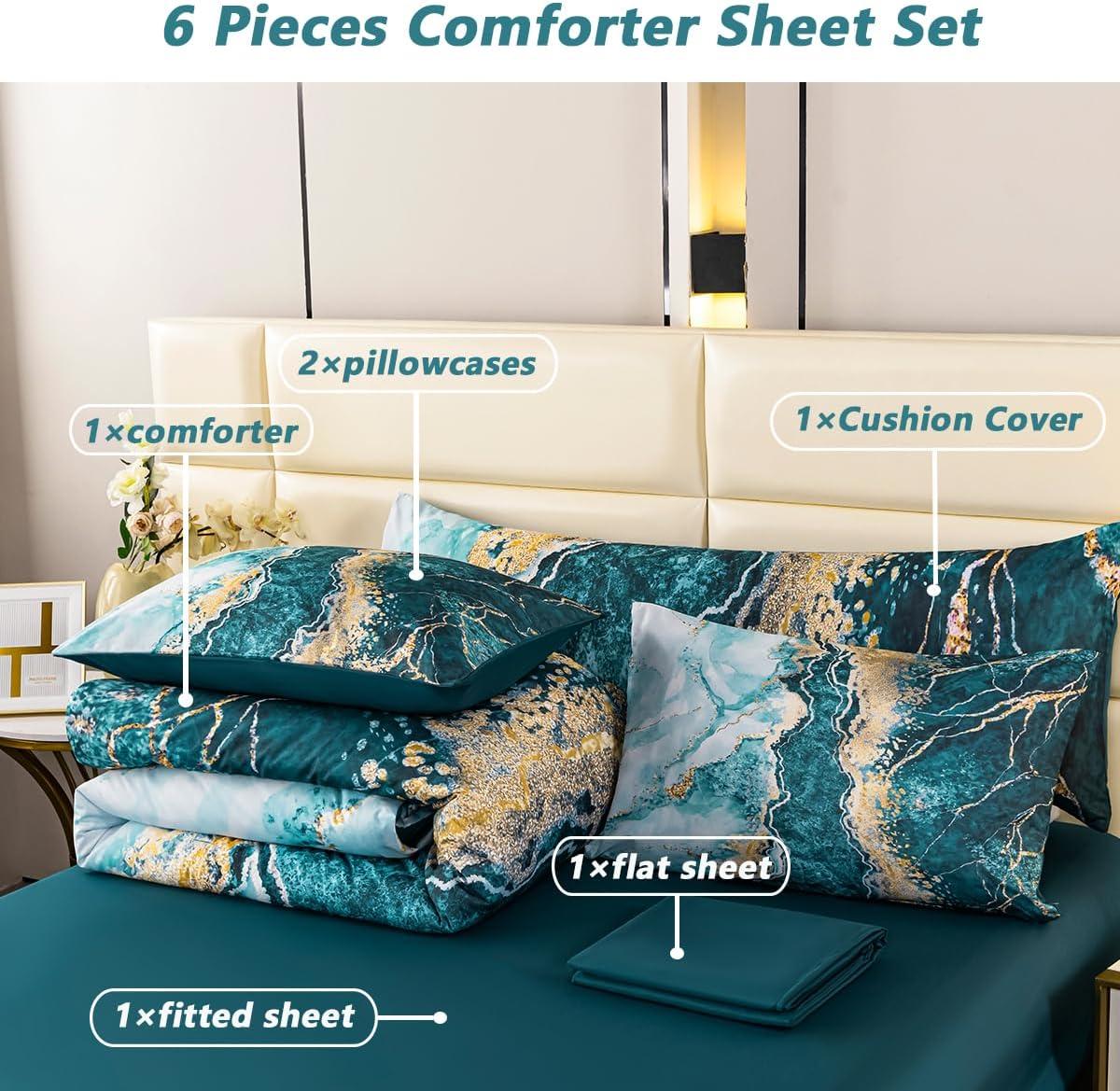 DANTUL 6 Pcs Orange Marble Printed Comforter With Sheet Sets Aesthetic Artwork Design Watercolor Bed In A Bag For All Season(Orange, King)