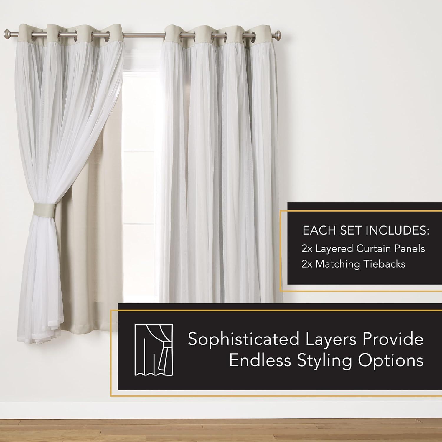 Set of 2 Caterina Layered Solid Blackout with sheer top Curtain Panels Black Pearl - Exclusive Home