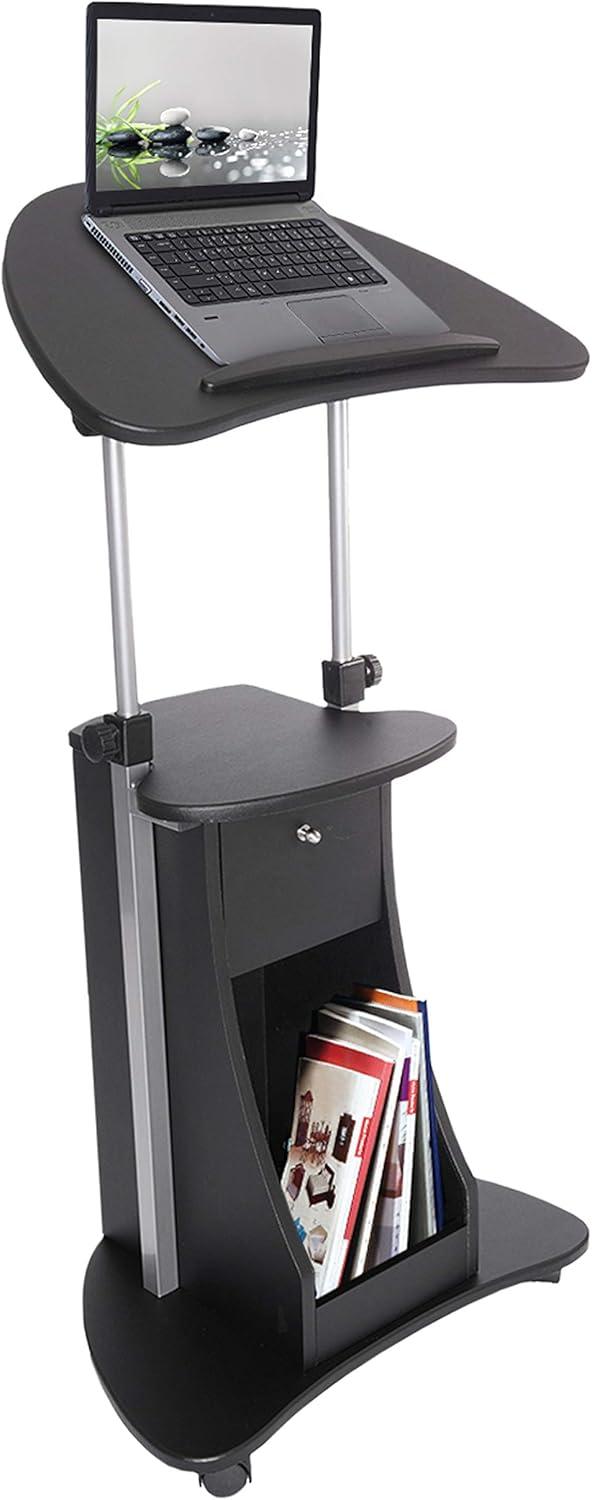 Black Adjustable Height Mobile Sit/Standing Desk with Drawer