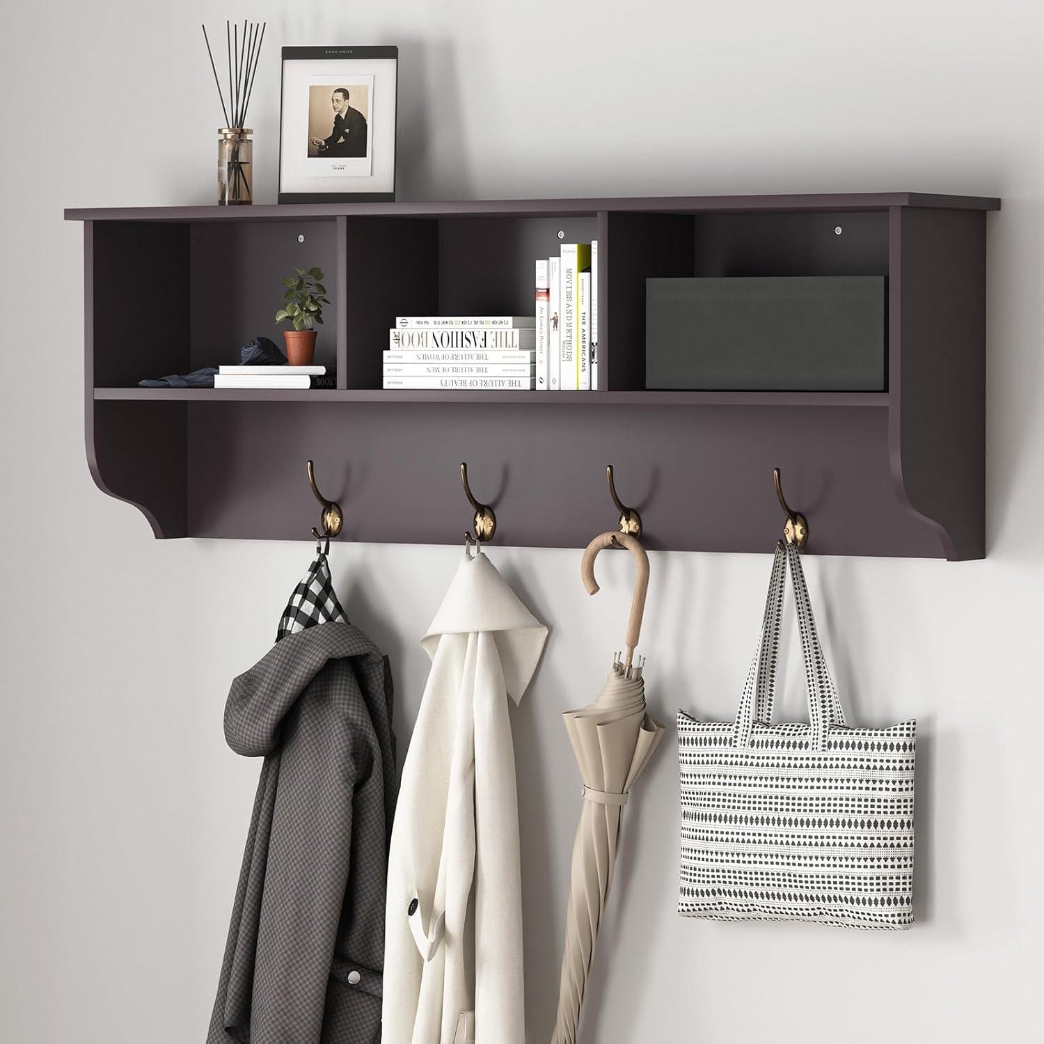 BaytoCare White Entryway Wall Mounted Coat Rack with 4 Dual Hooks Living Room Wooden Storage Shelf