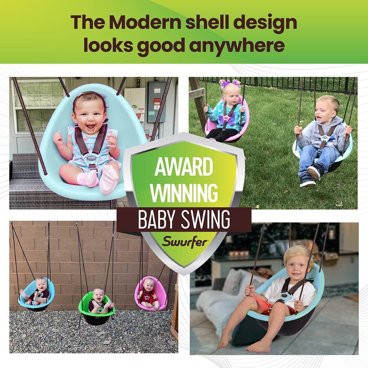 Swurfer Kiwi Toddler Swing – Comfy Baby Swing Outdoor, 3-Point Adjustable Safety Harness, Safe Quick Click Locking System, Foam-Lined Shell, Blister-Free Rope, Easy Installation, Age 9 Months and Up