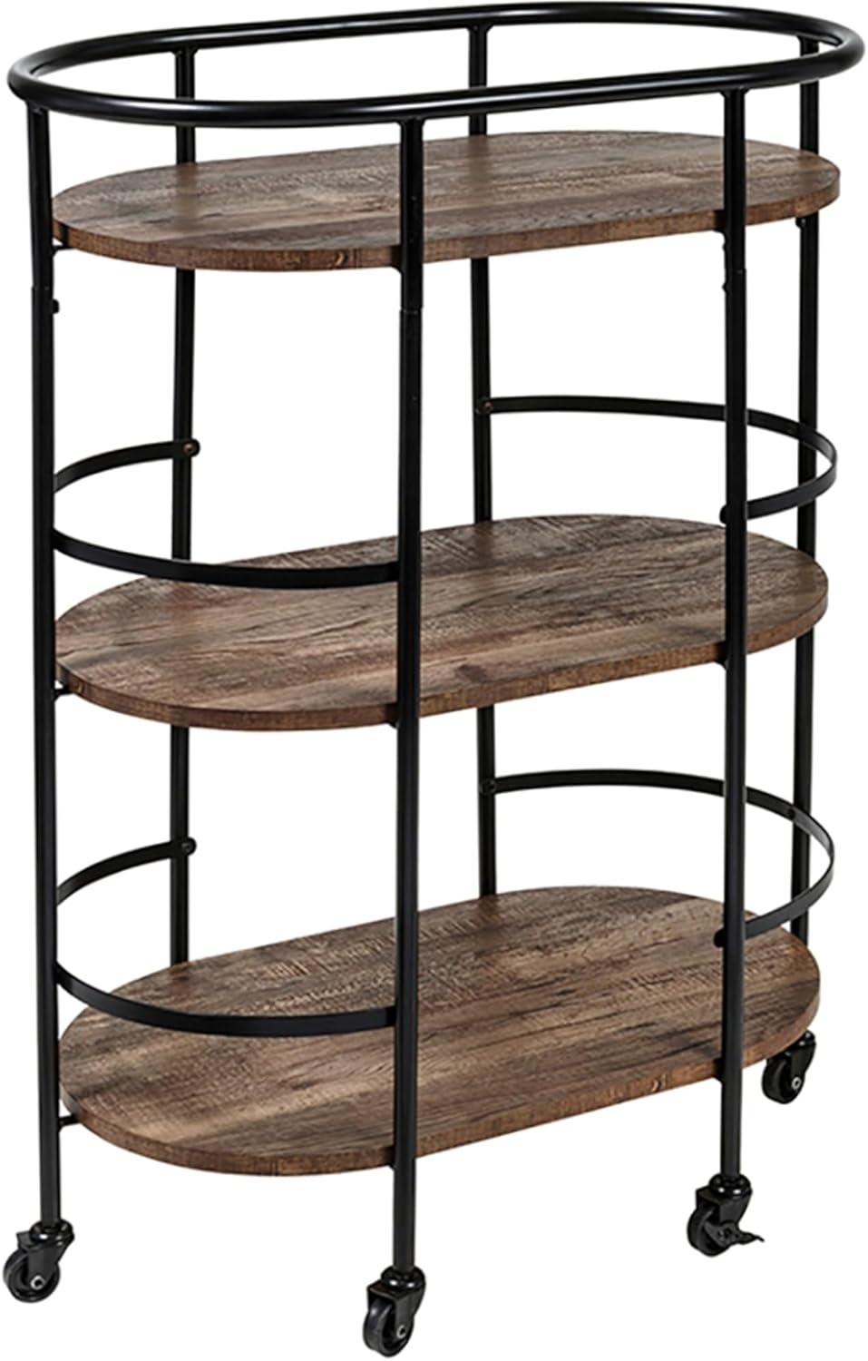 Rustic Brown and Black 3-Tier Oval Bar Cart with Storage