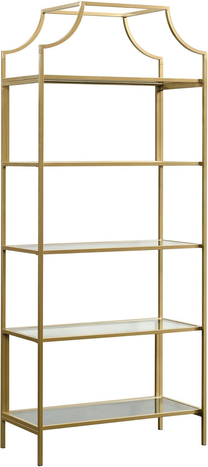 Satin Gold Regency-Inspired Metal and Glass 5-Tier Bookcase