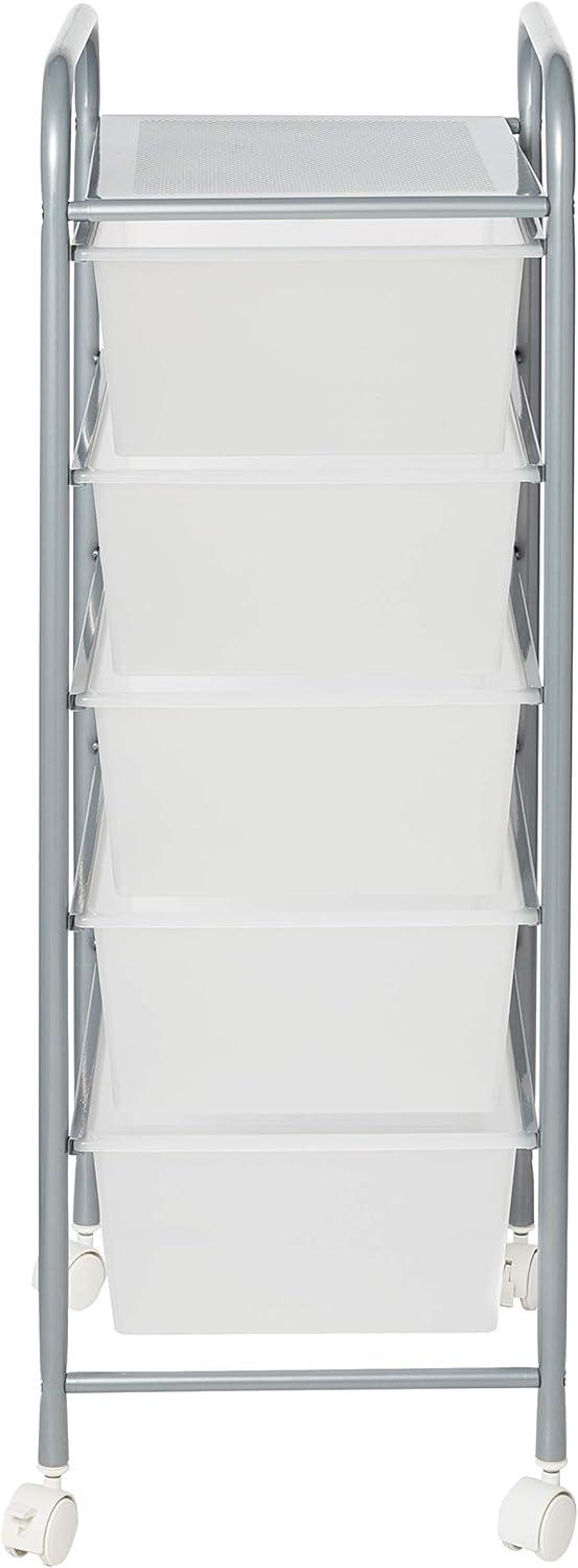 Silver and Clear 5-Drawer Rolling Storage Cart with Plastic Drawers