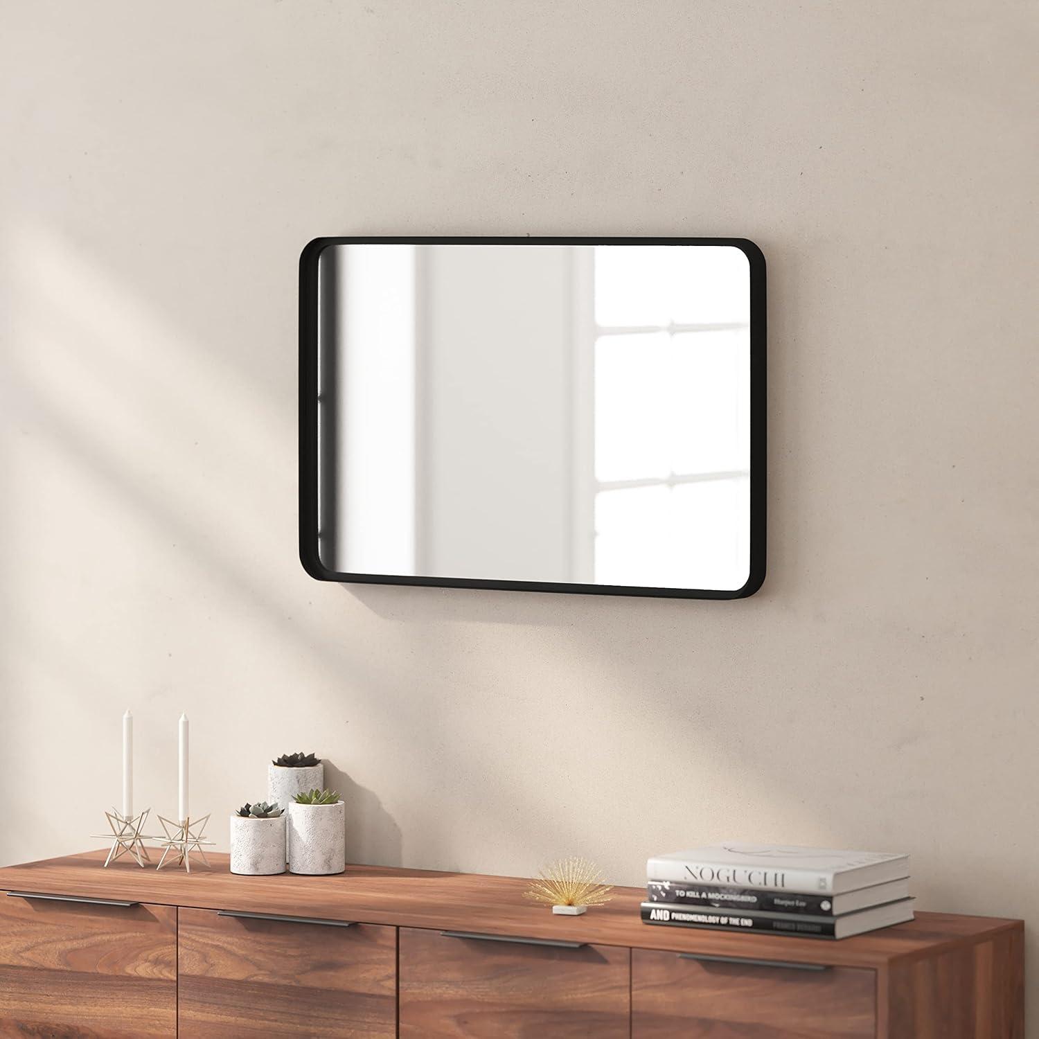 Matte Black Rectangular Wall Mirror with Rounded Corners