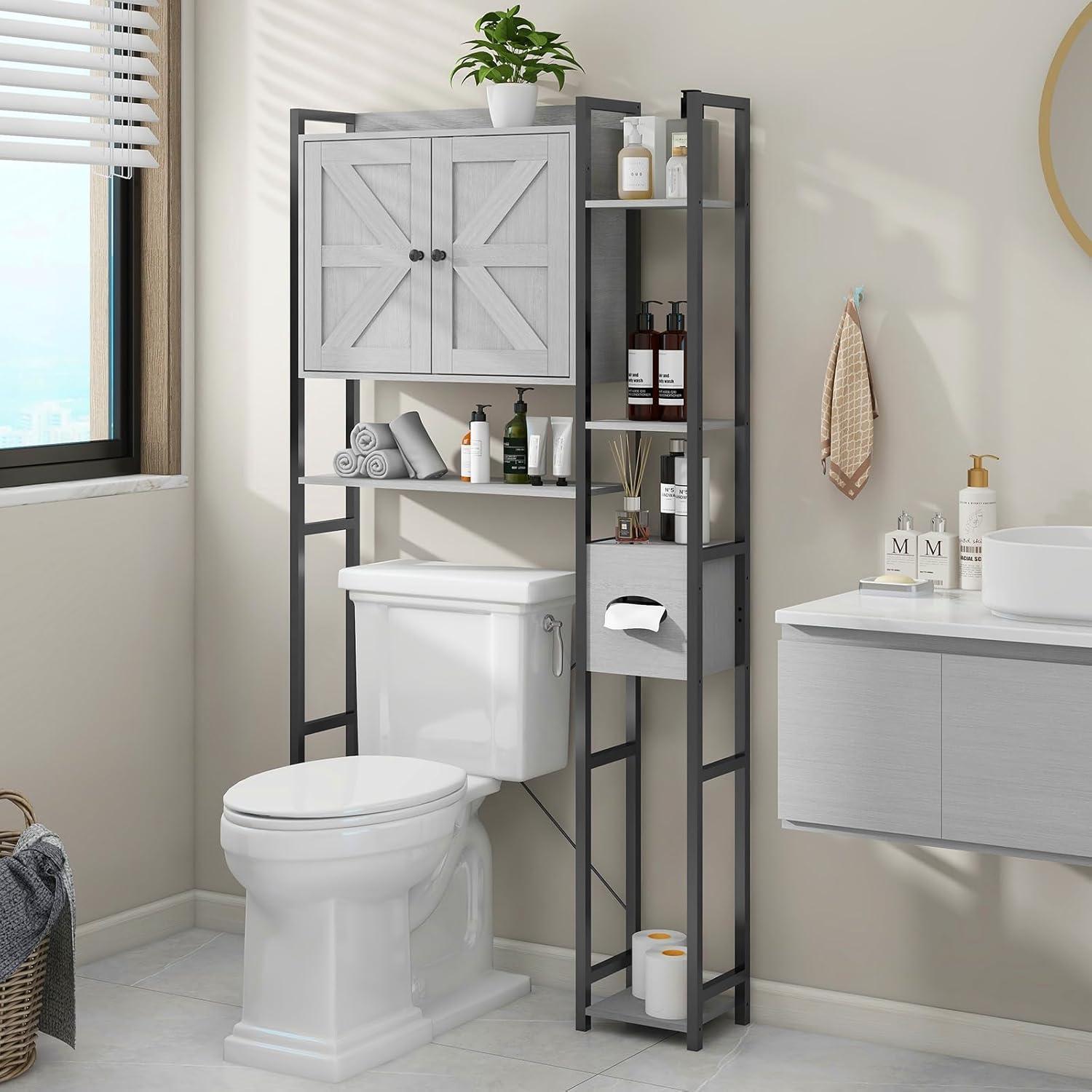 Grey Cabinet, Over The Toilet Storage Cabinet with 2 Doors, Multi Layer Shelves, Bathroom Laundry Room Small Spaces