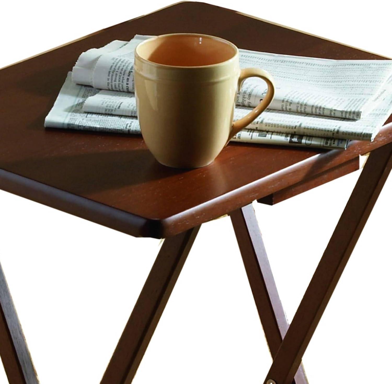 PJ Wood 19.09 x 14.57 x 26.00 Inch Folding TV Tray Tables with Compact Storage Rack, Solid Wood Construction, Walnut Brown Finish, 5 Piece Set