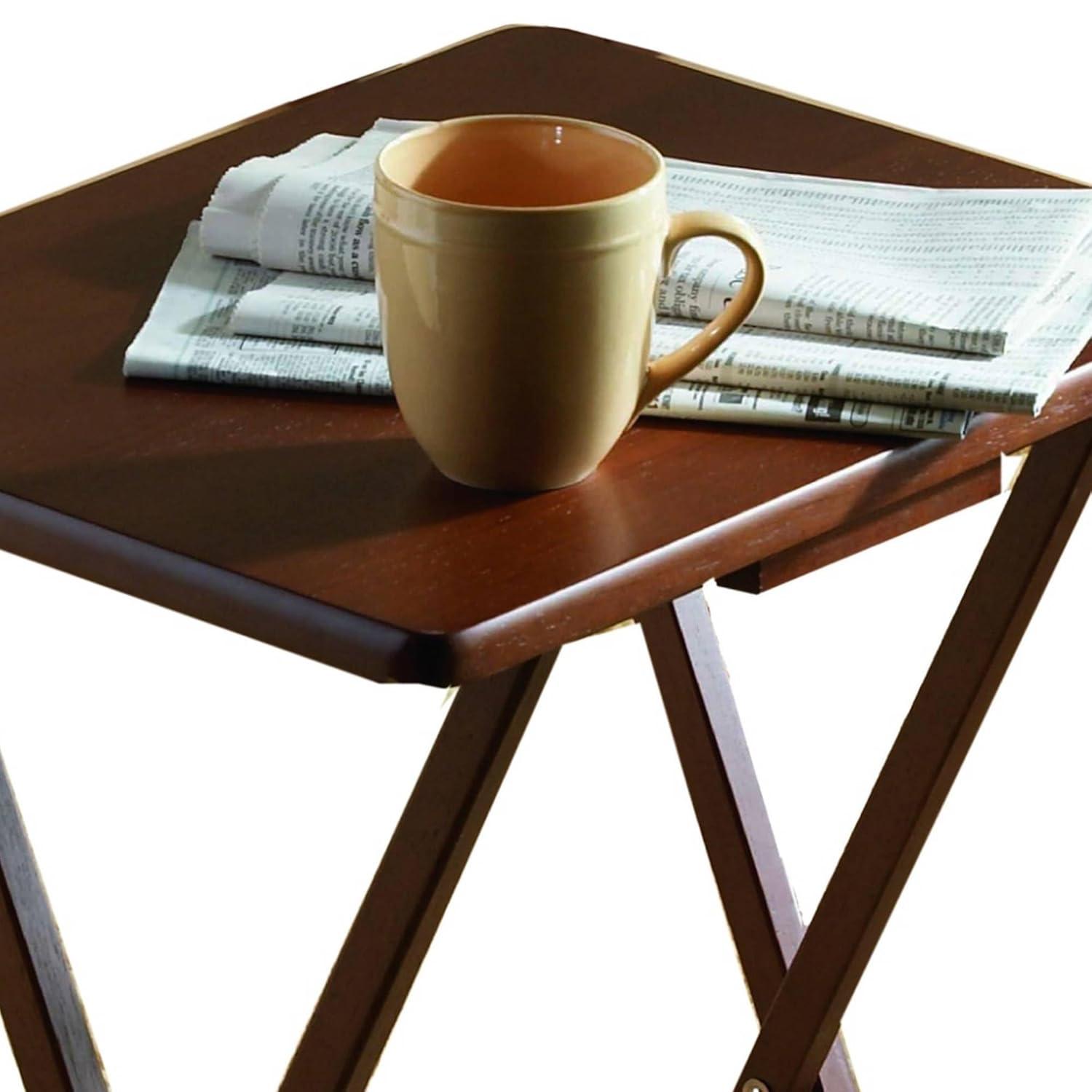 PJ Wood 19.09 x 14.57 x 26.00 Inch Folding TV Tray Tables with Compact Storage Rack, Solid Wood Construction, Walnut Brown Finish, 5 Piece Set