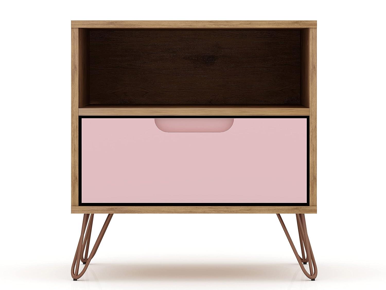 Set of 2 Rockefeller 1 Drawer Nightstands Nature/Rose Pink - Manhattan Comfort: Mid-century Design, Metal Legs, MDF
