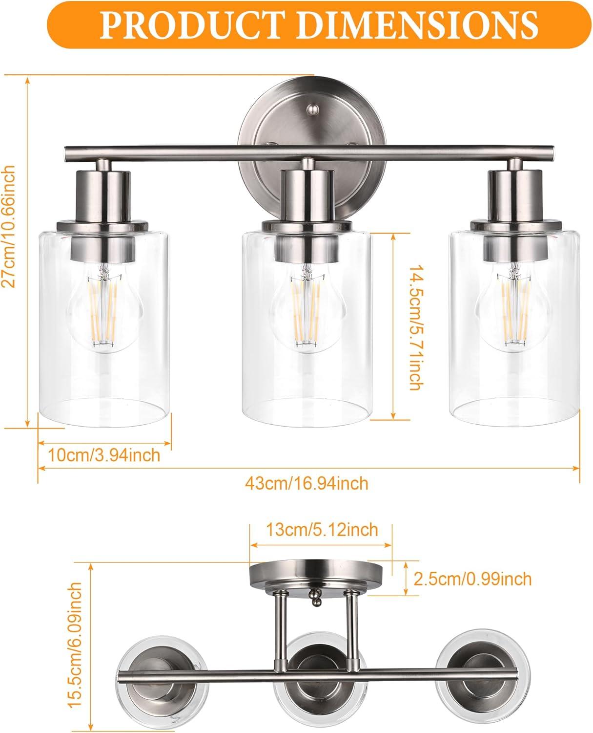 Vanity Wall Light Fixtures, Modern 3 Lights Wall Sconce with Clear Glass Shade, Brushed Nickel Farmhouse Wall Lamp for Bathroom Mirror Kitchen Porch Living Room Workshop (E26 Base)