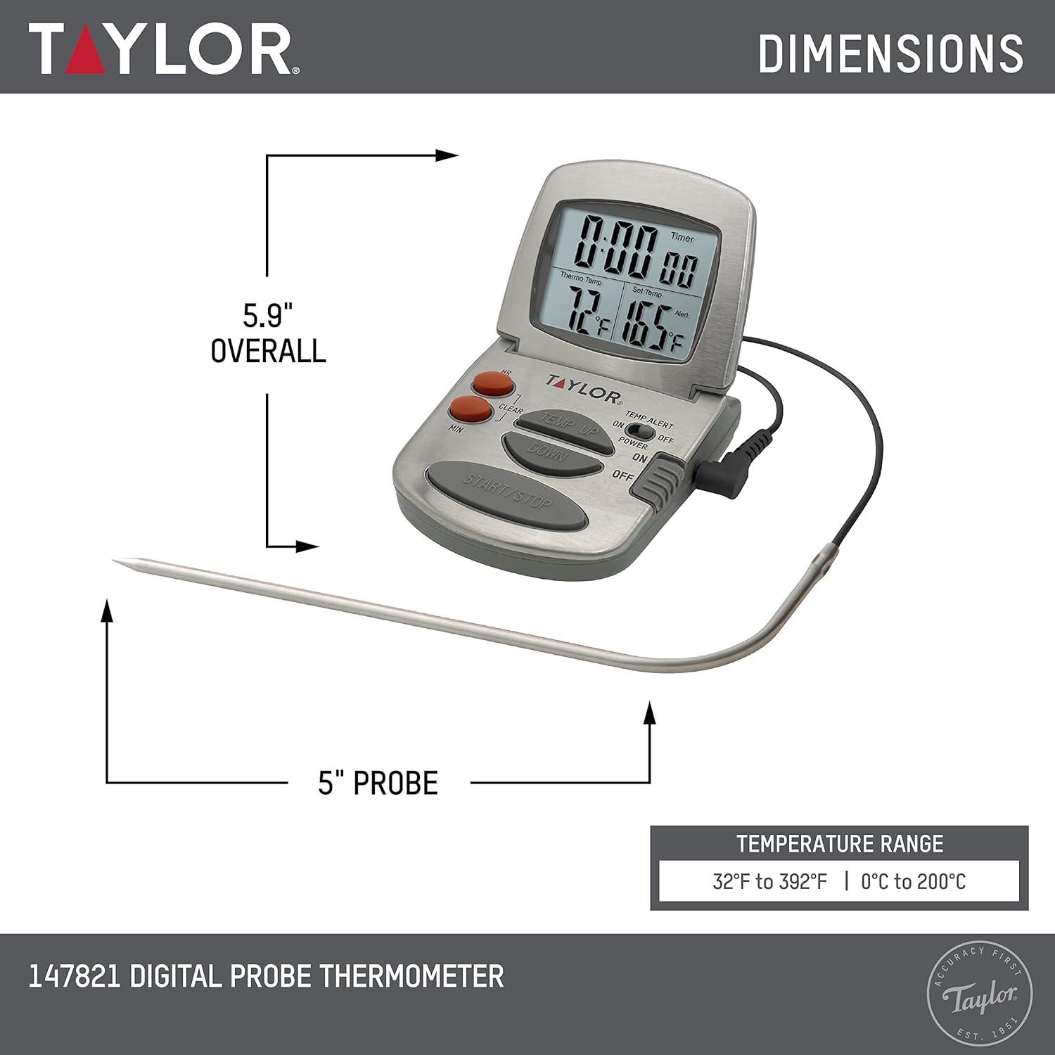 Taylor Programmable Stainless Steel Wire Probe Kitchen Meat Cooking Thermometer: Digital Food & Oven Thermometer