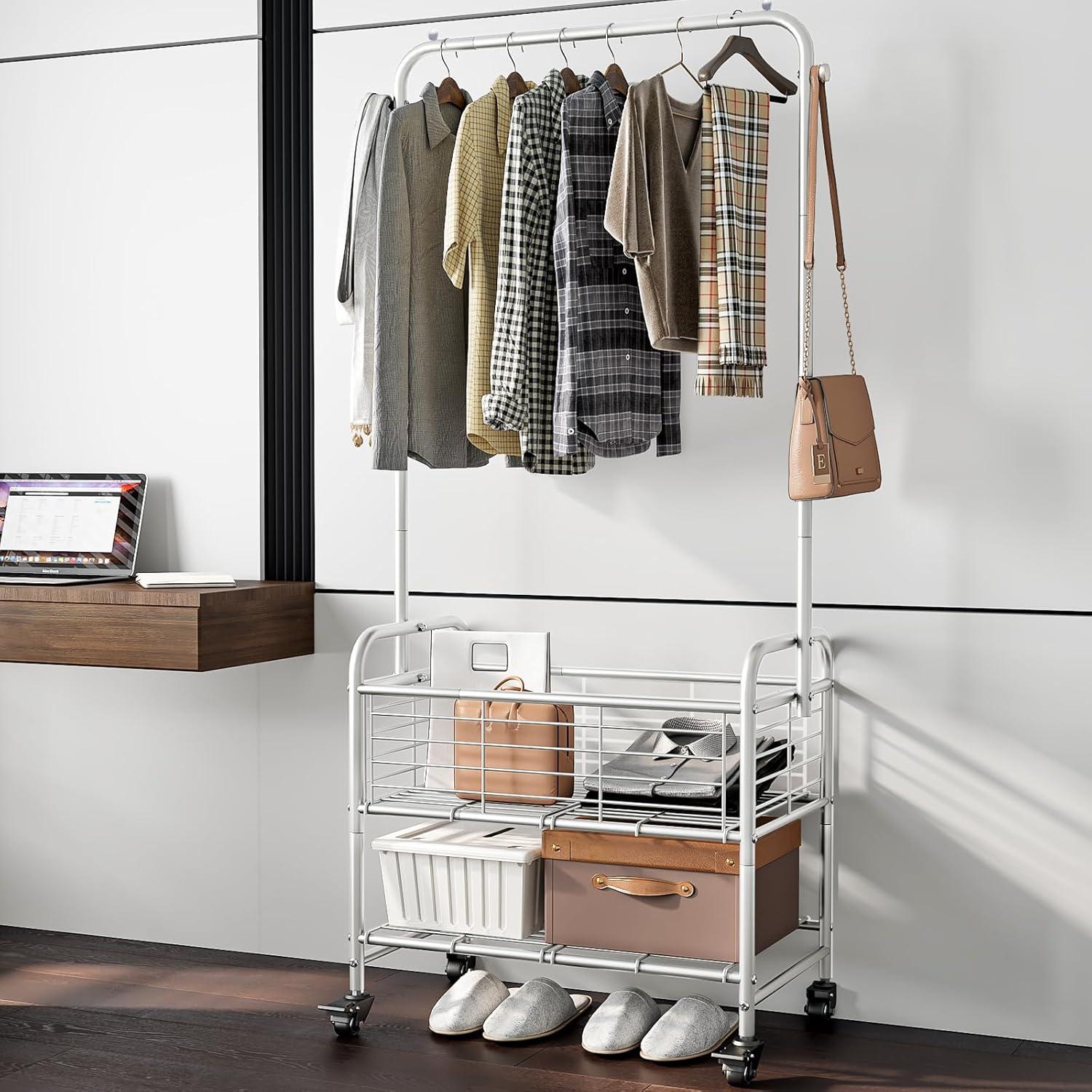 Gray Metal Laundry Sorter with Wheels and Hanging Rack