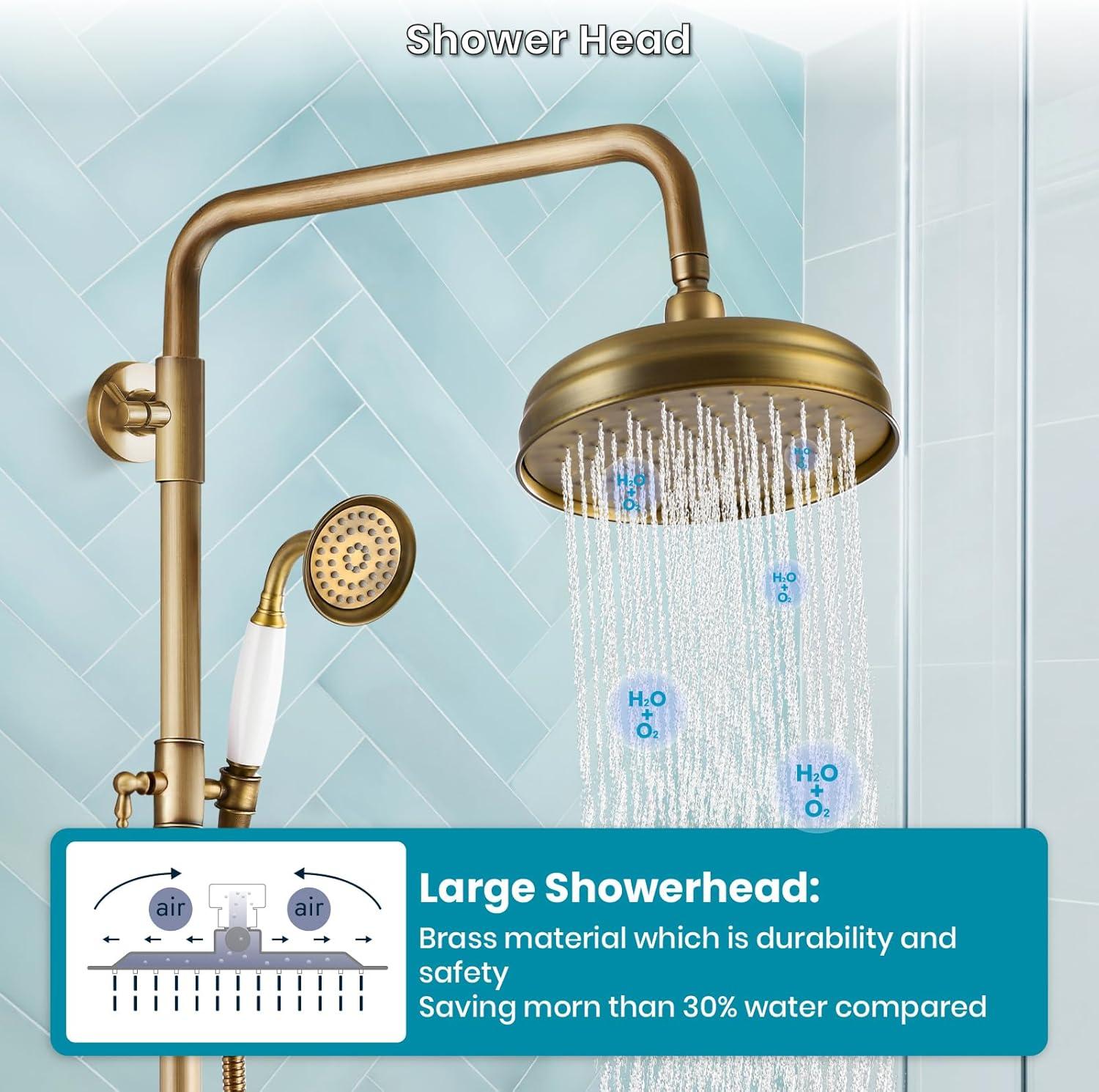 Antique Brass Adjustable Height Rainfall Shower System with Handheld Sprayer