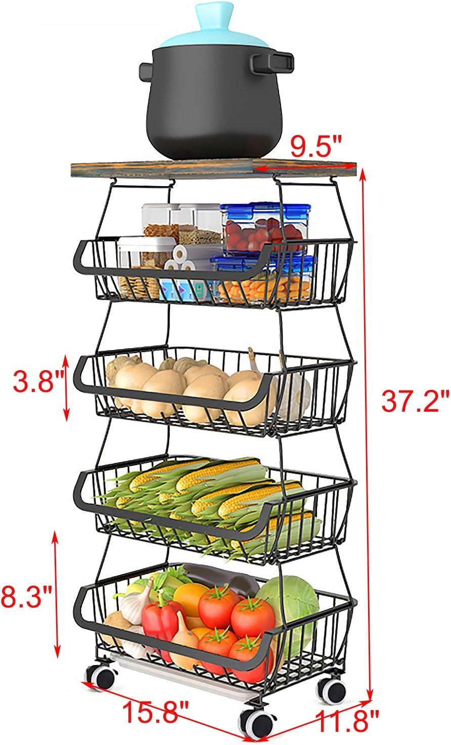 Black 5-Tier Metal and Wood Kitchen Storage Basket