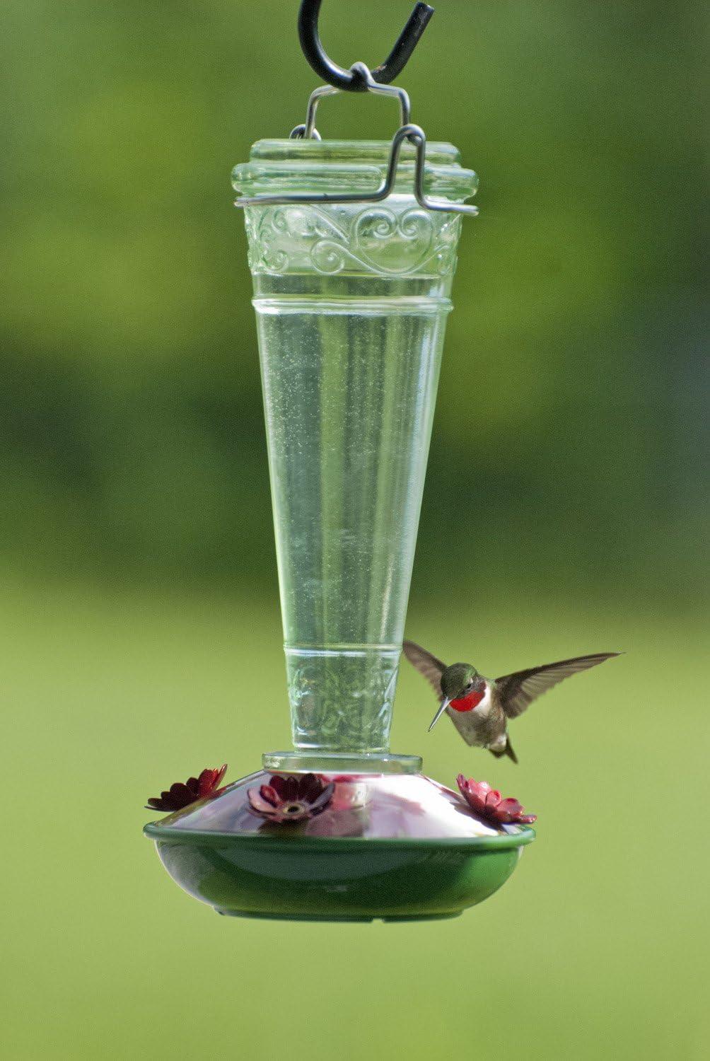 Green Glass and Metal Hummingbird Nectar Feeder, 8 oz