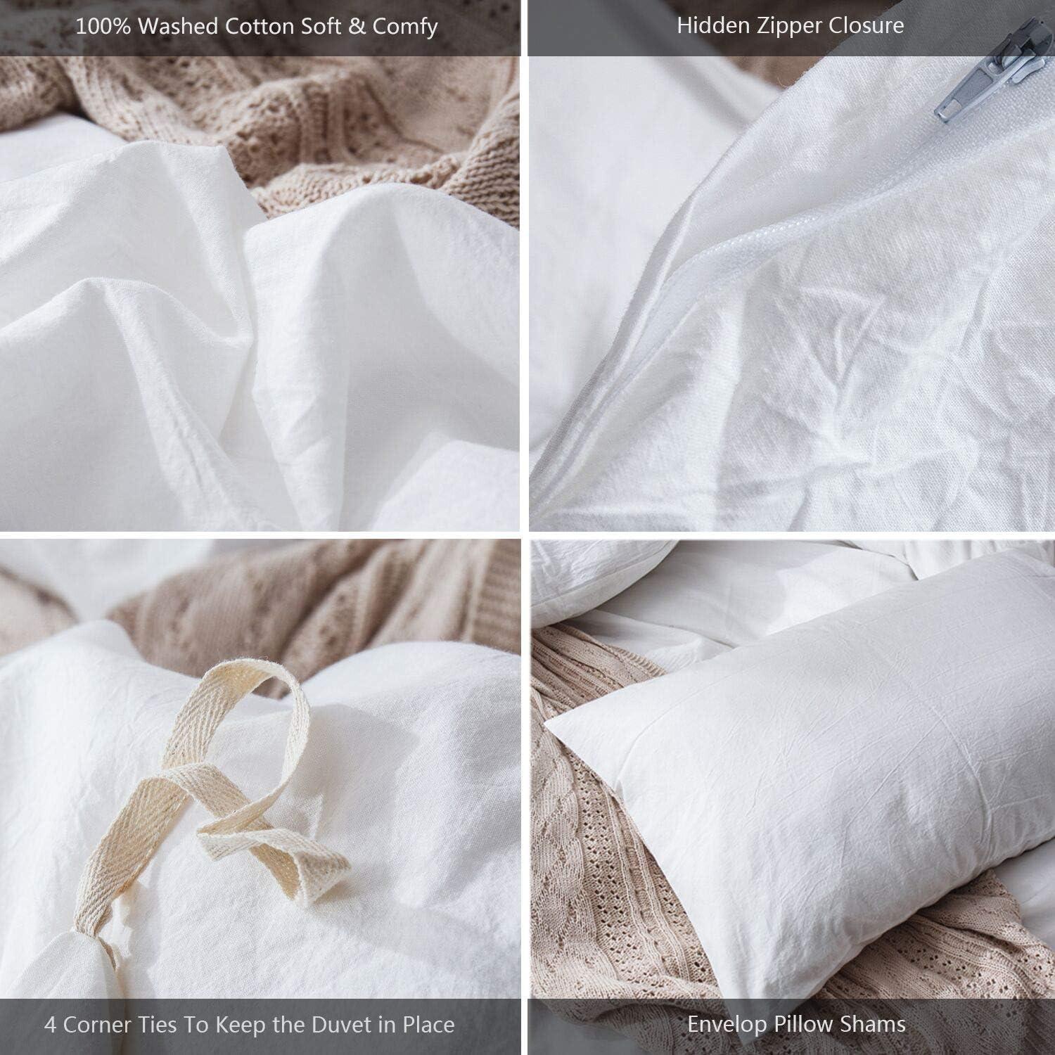 Bedding Duvet Cover Set 100% Washed Cotton Linen Like Textured Breathable Durable Soft Comfy (Off White, King)