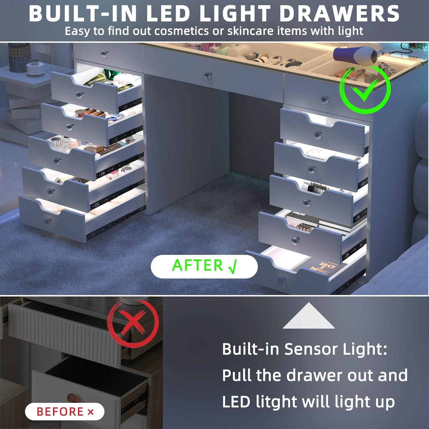 White 60" Vanity Desk with 13 Drawers and LED Lighting