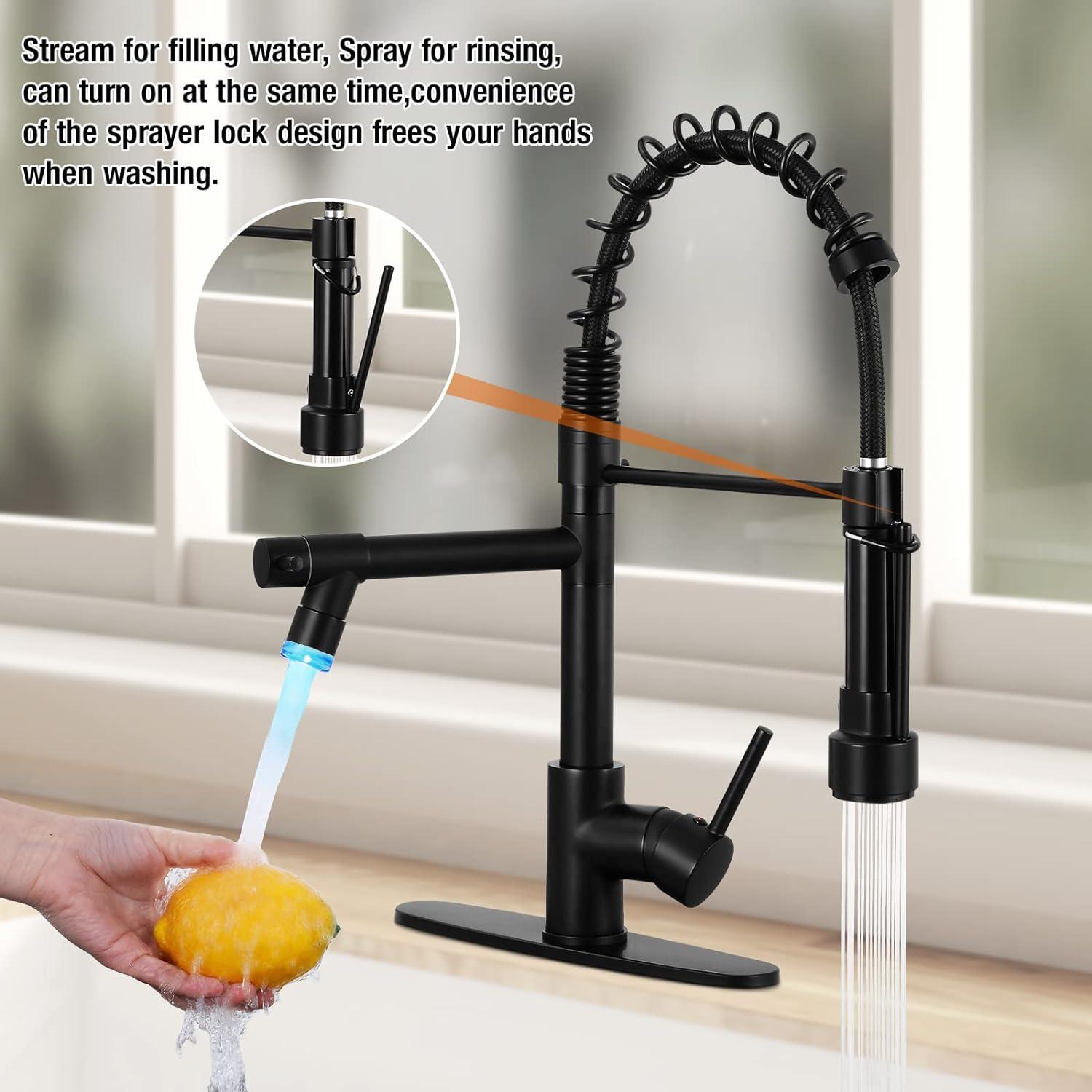 Matte Black Stainless Steel LED Kitchen Faucet with Pull-out Spray