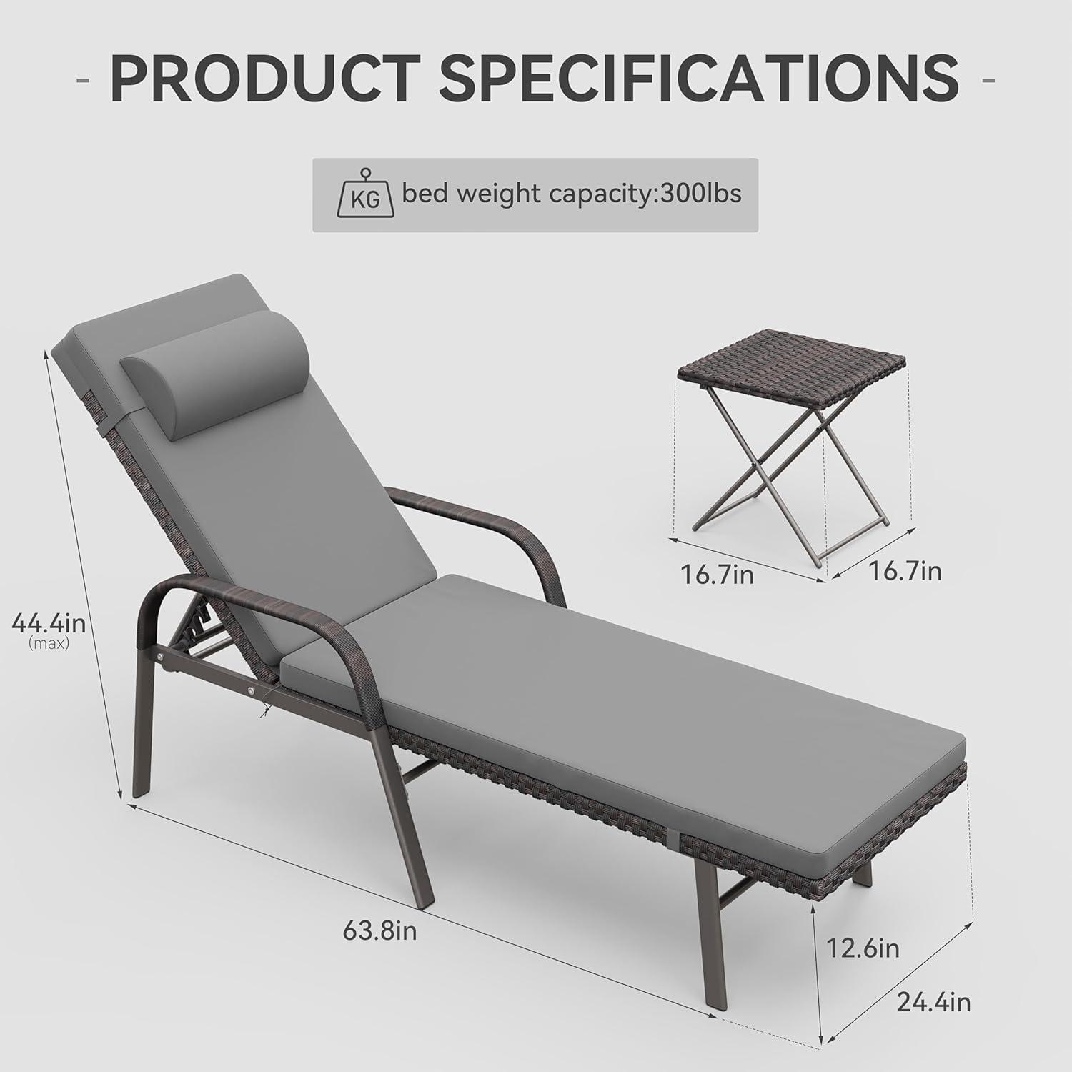 3 Pieces Patio Chaise Lounge Set Outdoor PE Rattan Armrest Lounge Chair Adjustable Backrest Reclining Chair with Folding Table and Cushion for Patio Poolside Backyard Porch Beach(Grey)