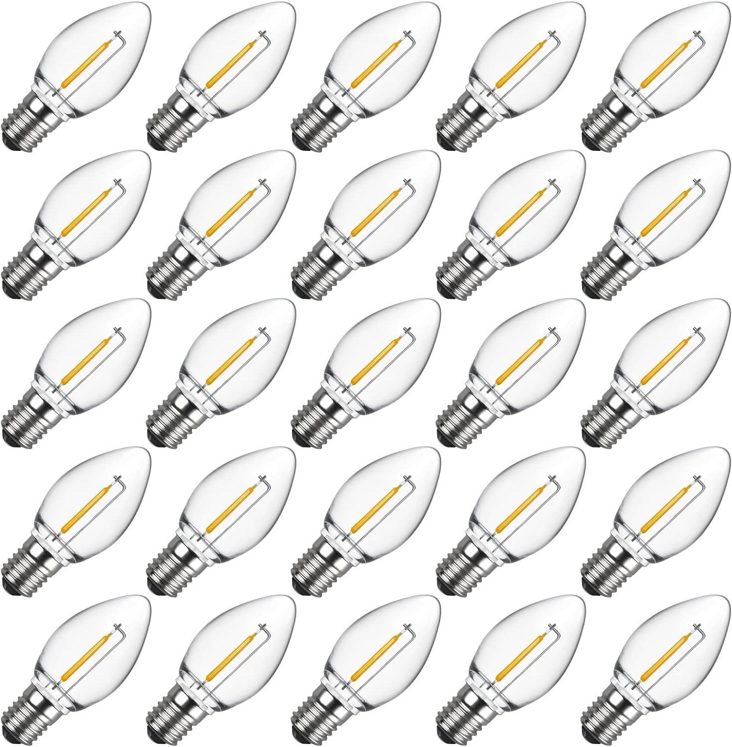 Meconard C7 LED Replacement Christmas Light Bulbs, C7 Shatterproof LED Bulbs for Christmas Indoor Outdoor String Lights, E12 Candelabra Base, Commercial Grade Holiday Bulbs, Warm White, 25 Pack
