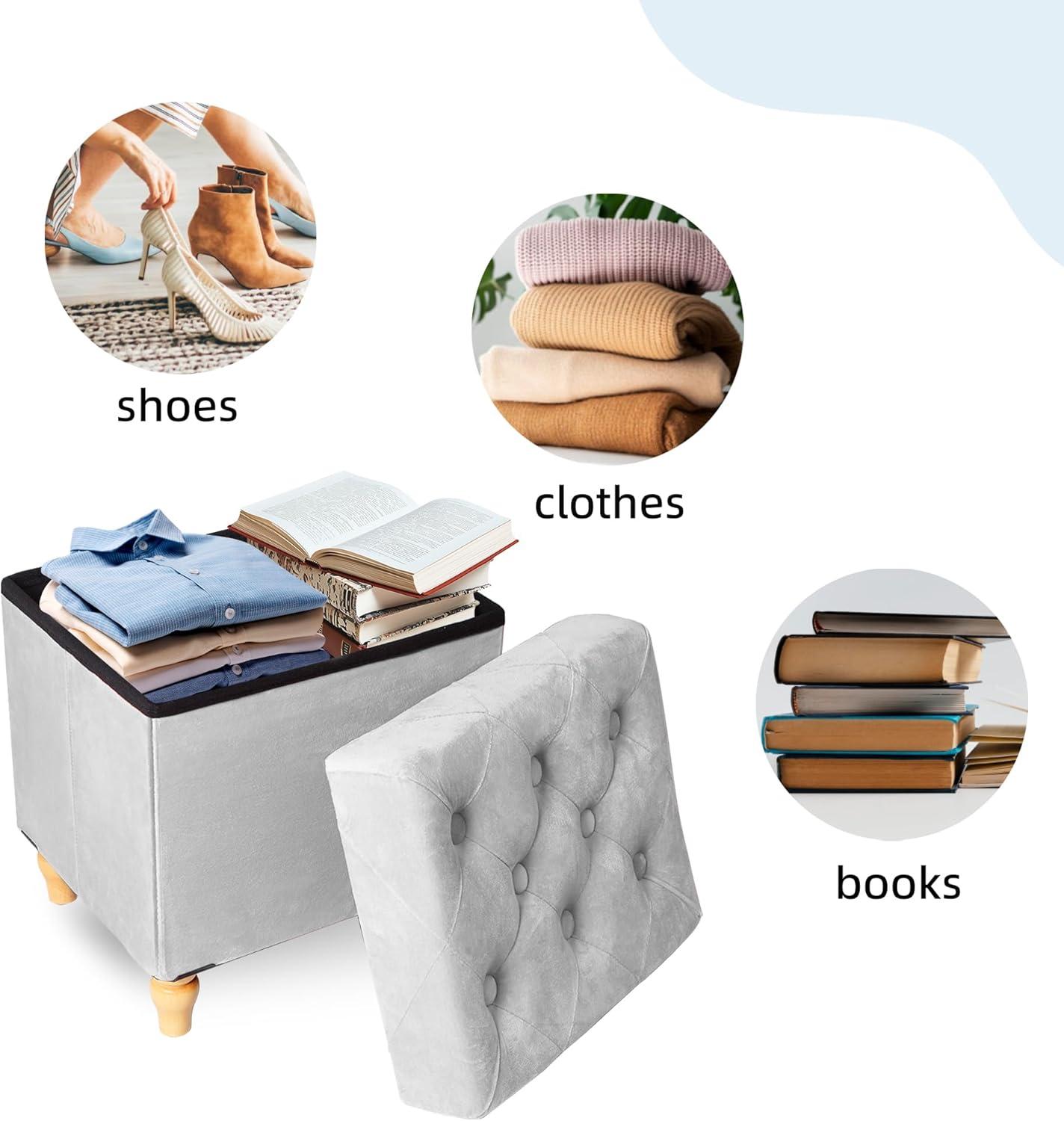 CAROLMADE Folding Storage Ottoman Cube Velvet Footstool with Wood Legs Ottoman Footrest for Living Room and Bedroom Brown, Grey 15"x12.6"x15.4”