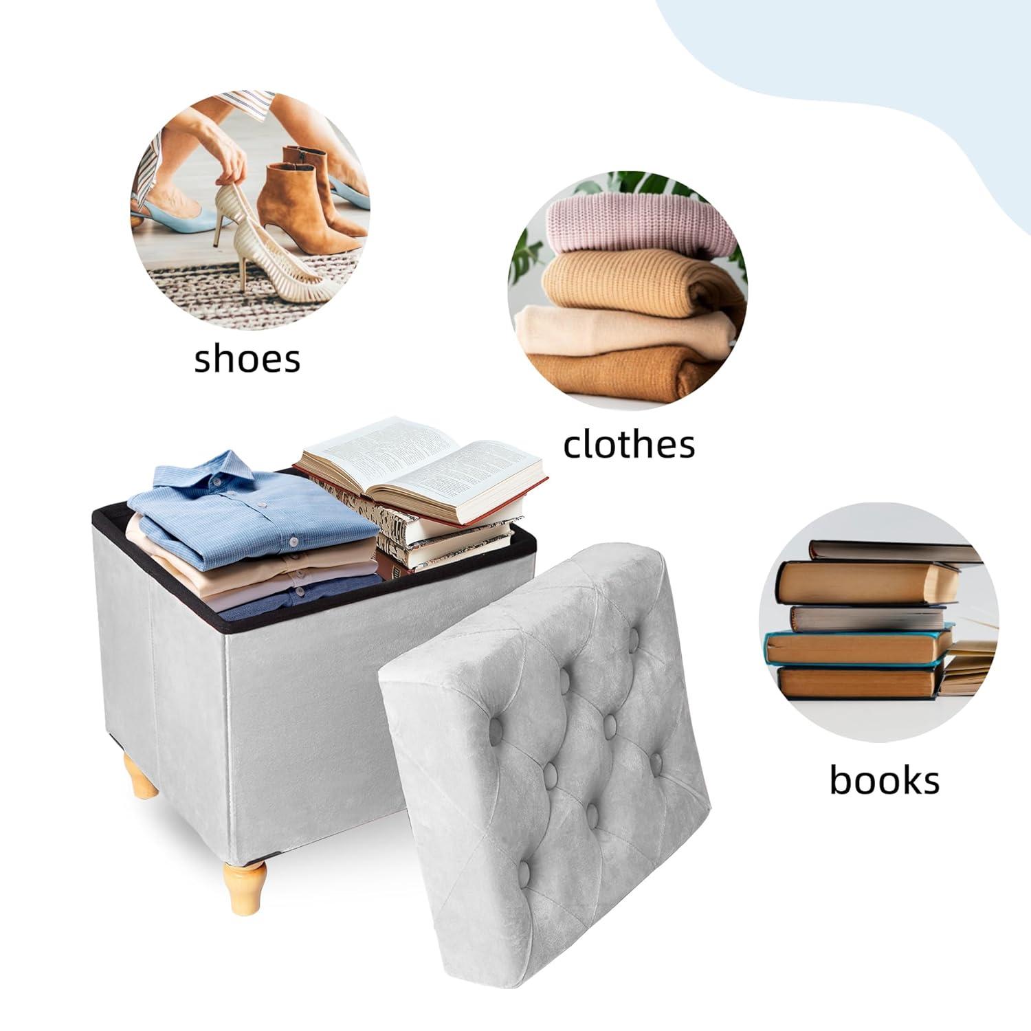 CAROLMADE Folding Storage Ottoman Cube Velvet Footstool with Wood Legs Ottoman Footrest for Living Room and Bedroom, Grey 15"x12.6"x15.4”