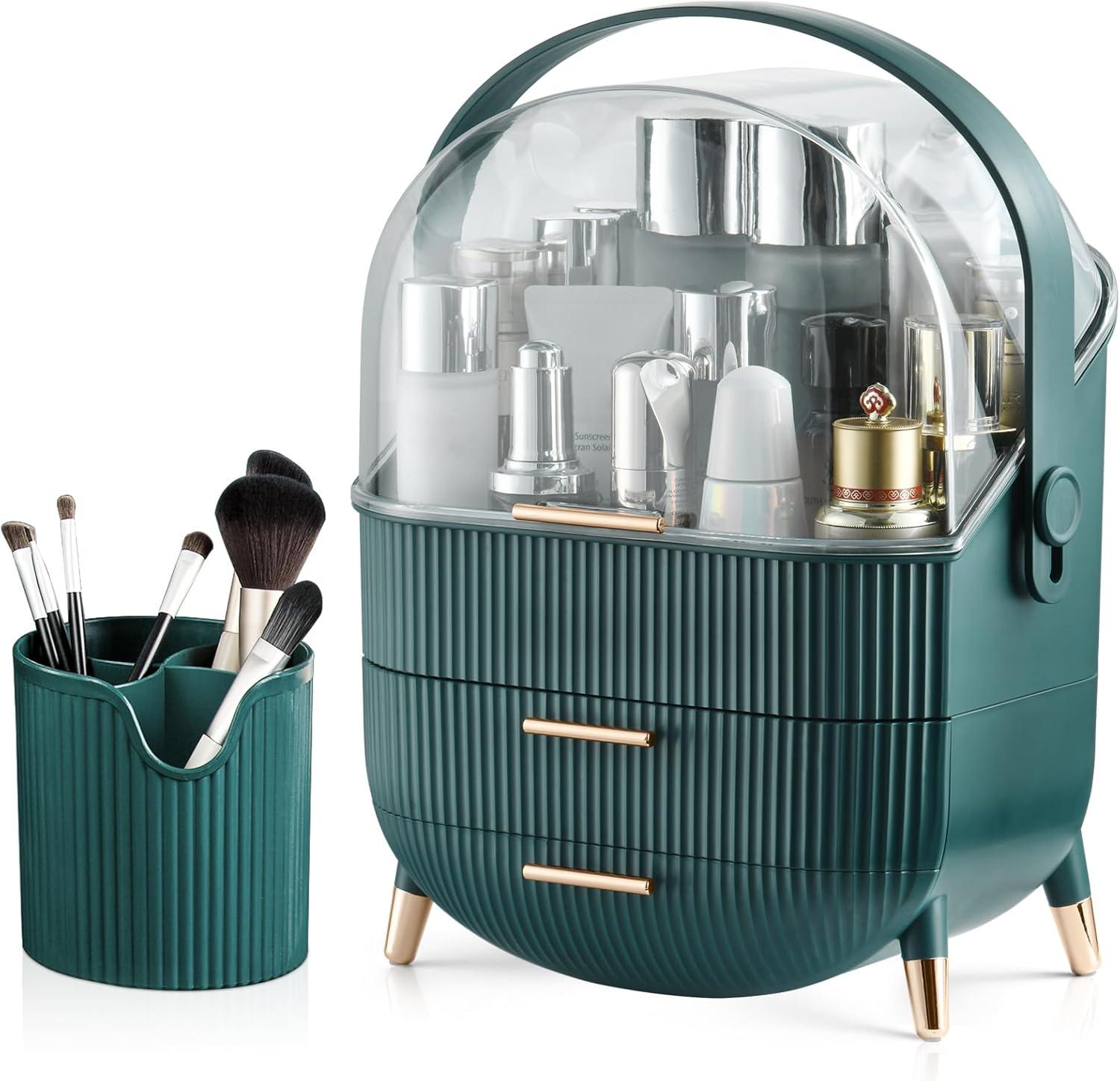 Make up Organizers and Storage, Makeup Organizer for Vanity, Cosmetics Skincare Organizers with Lid and Drawers, Cosmetic Display Cases for Countertop, Bathroom, Ideal Gifts for Women(Light Green)