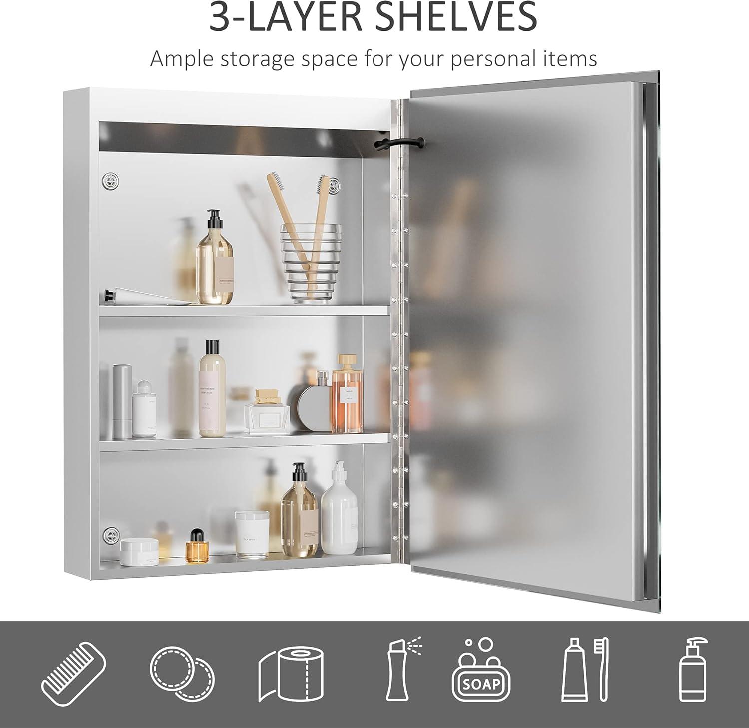 kleankin LED Lighted Medicine Cabinet with Mirror, Wall-Mounted Plug-In Bathroom Organizer with 3 Storage Shelves, 19.75"x5"x27.5"