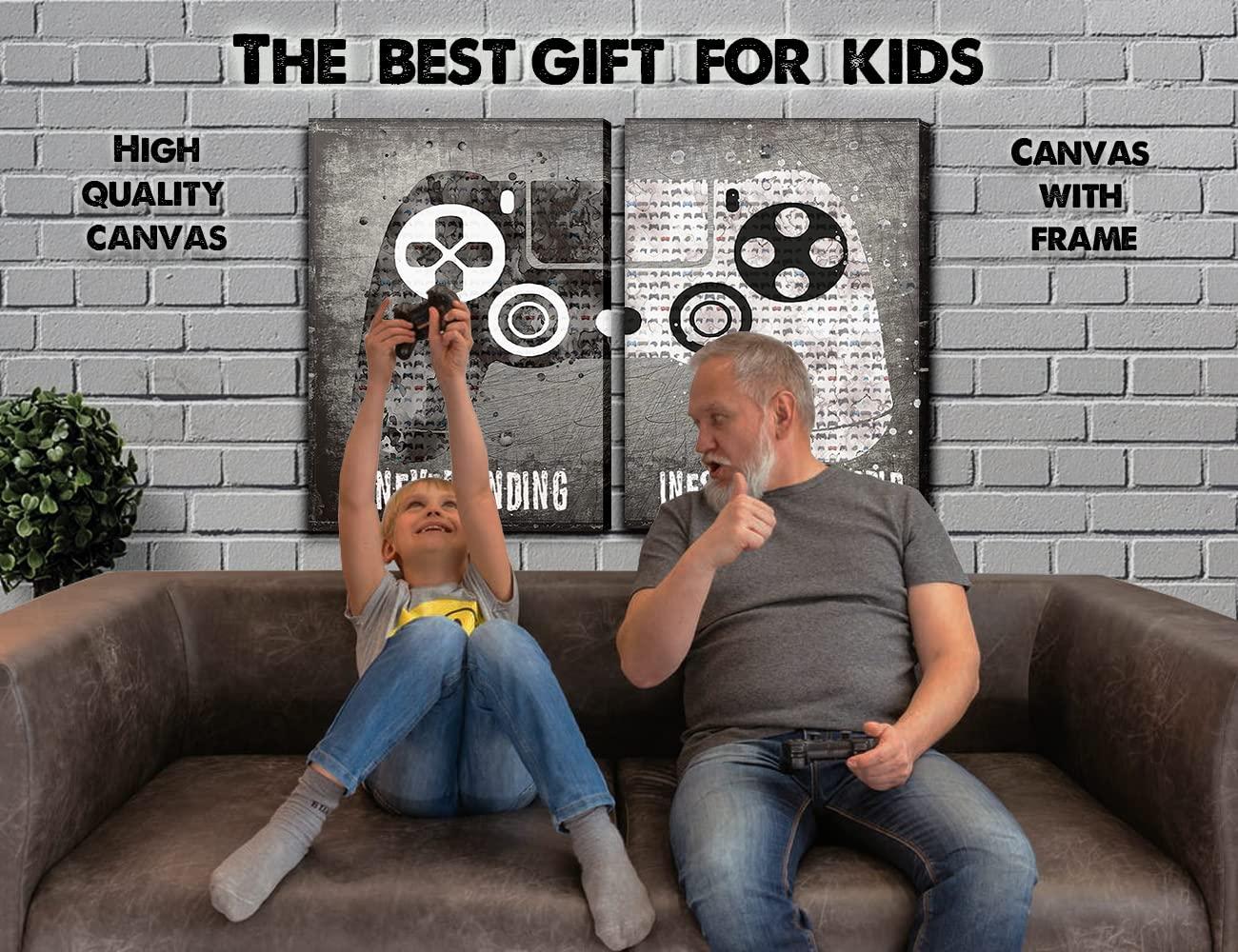 3 Pcs Framed Neon Gamer Symbol Canvas Wall Art Paintings Gaming Wall Decor Prints Pictures Posters Artwork for Kids Teenage Boys Game Room Playroom Bedroom Decoration Ready to hang Gifts for Gamers