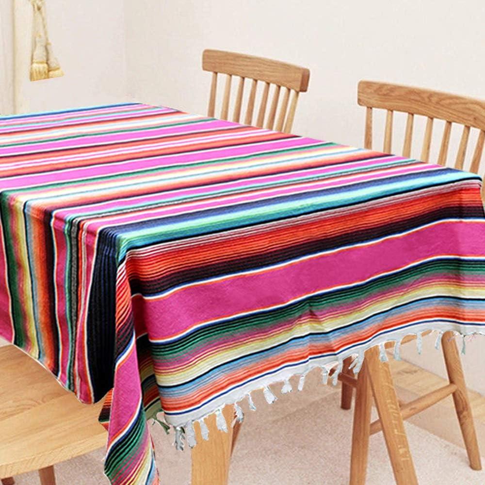 Pink Mexican Serape Cotton Tablecloth with Tassels