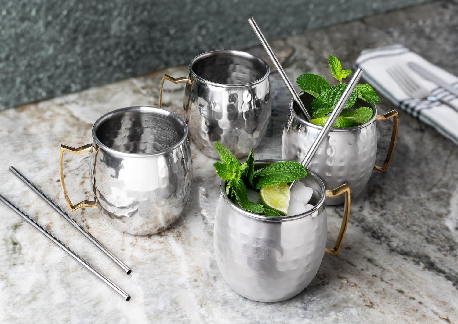 Sol Living Moscow Mule Mugs Set of 4, 14 oz Stainless Steel Lining Silver Cups Handcrafted Barware Set for Cocktails Mixed Drinks Bar Accessories Gift Set Hammered Finish Mugs Perfect for Cold Drinks