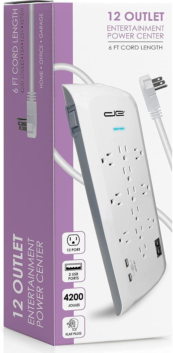 Digital Energy® 12-Outlet Surge Protector Power Strip with 2 USB Ports (6 Ft.) in White