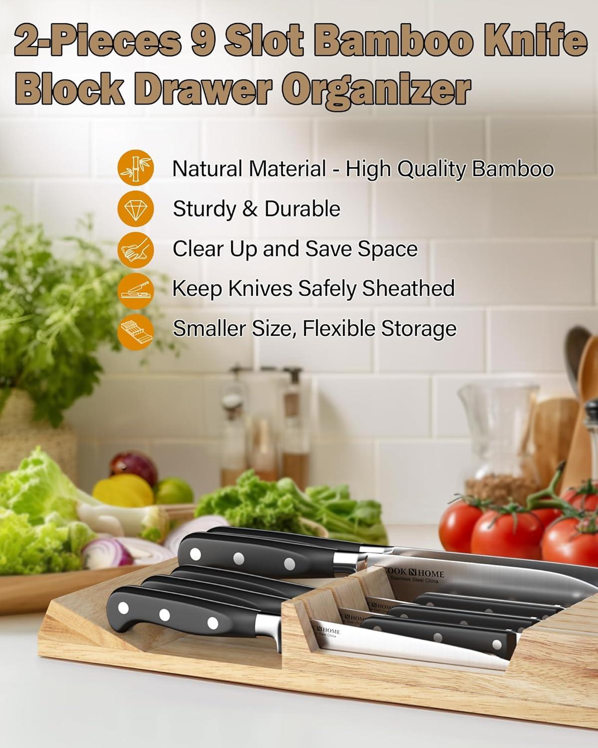 Natural Rubber Wood 18-Slot In-Drawer Knife Block Organizer