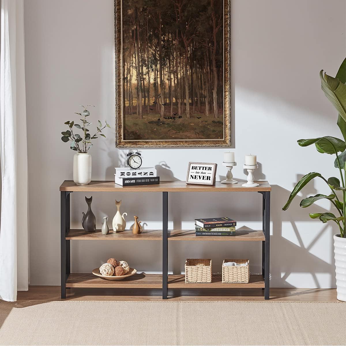 IBF Rustic Console Table, Industrial Wood and Metal Sofa Table, Hallway Entry Table for Home Living Room, Long Horizontal Bookshelf Entryway Table with Retro Vintage Storage Shelf, Rustic Oak, 47 Inch