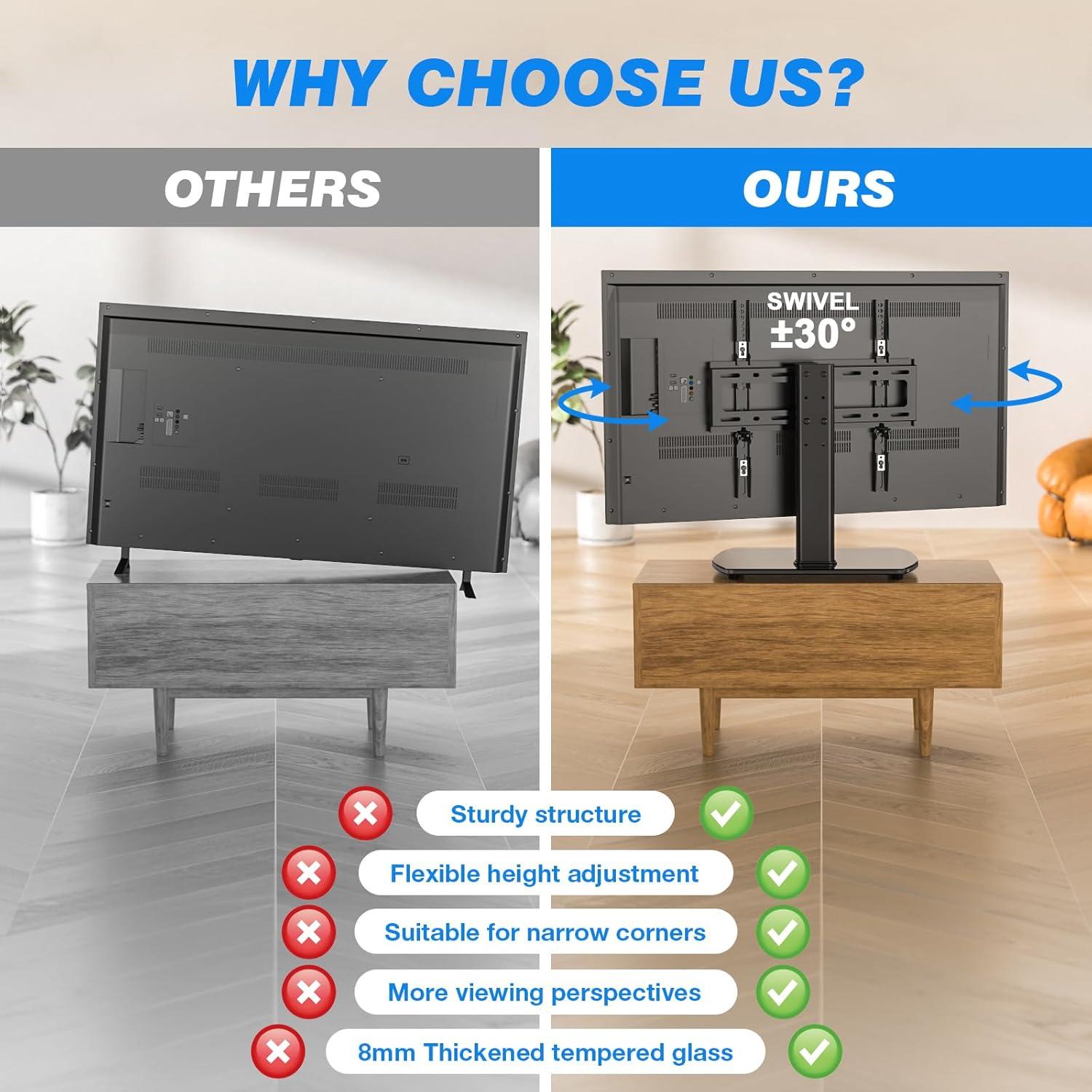 Rfiver Universal Swivel TV Stand for 27-50 55 60 Inch TVs, Height Adjustable Table Top TV Stand Mount Hold up to 88 lbs, Pedestal TV Stands with Tempered Glass Base, Replacement TV Mount Stand