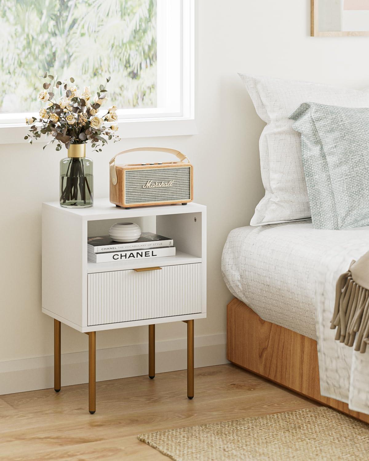 White and Gold Modern Nightstand with Drawer and Shelf