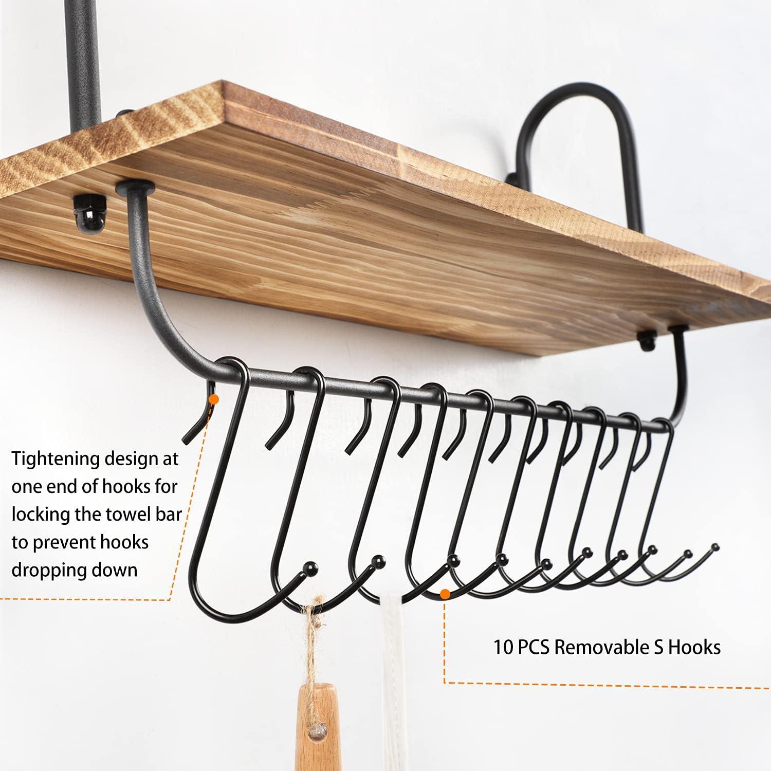 Carbonized Black Wood Floating Kitchen Shelves with Hooks