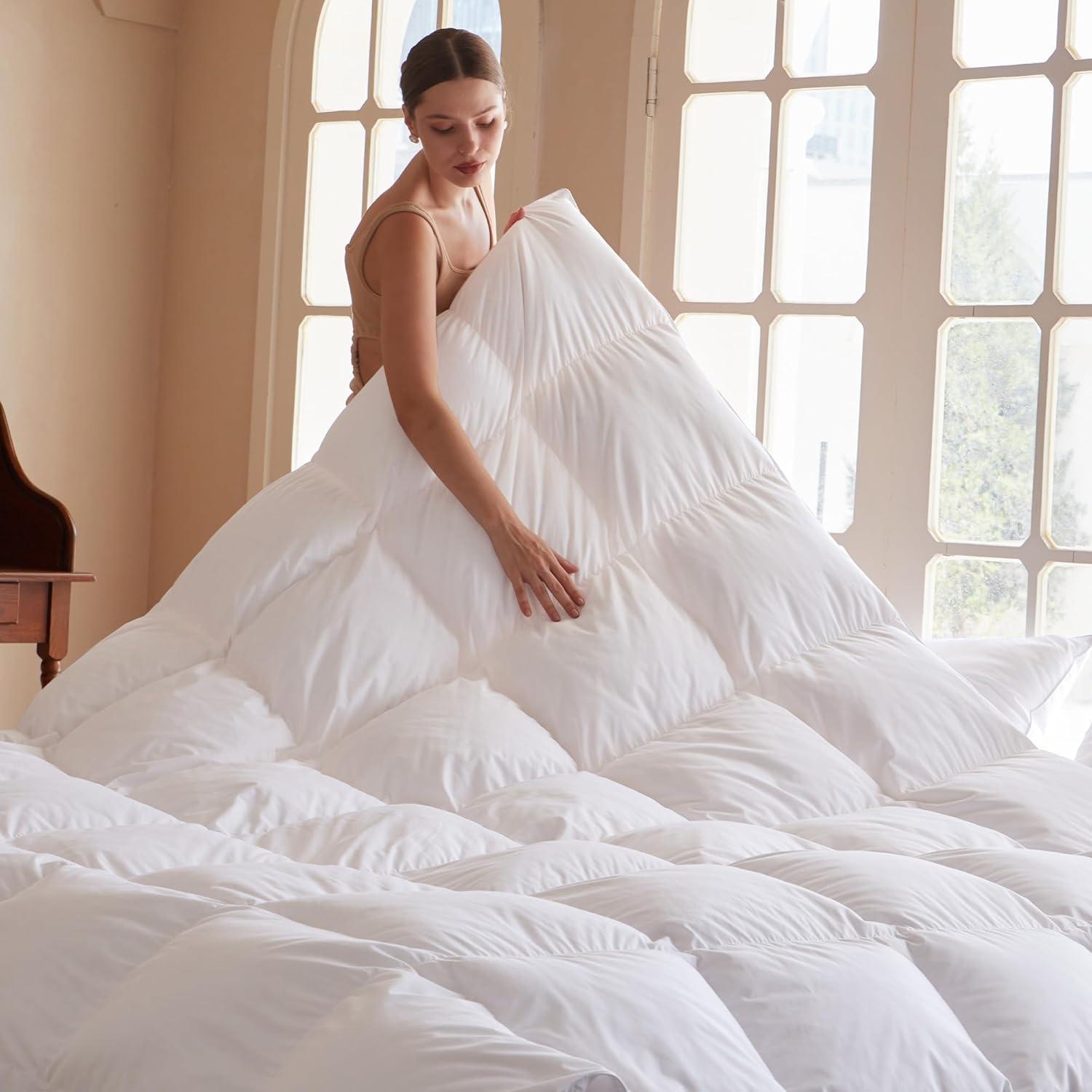 White Goose Feathers Down Fiber Comforter Queen Size, Premium All Season Duvet Insert, 750 Fill 1200TC Power Hotel Style Bedding Comforter, 42 Oz Lightweight and Medium Warmth (90x90,White)