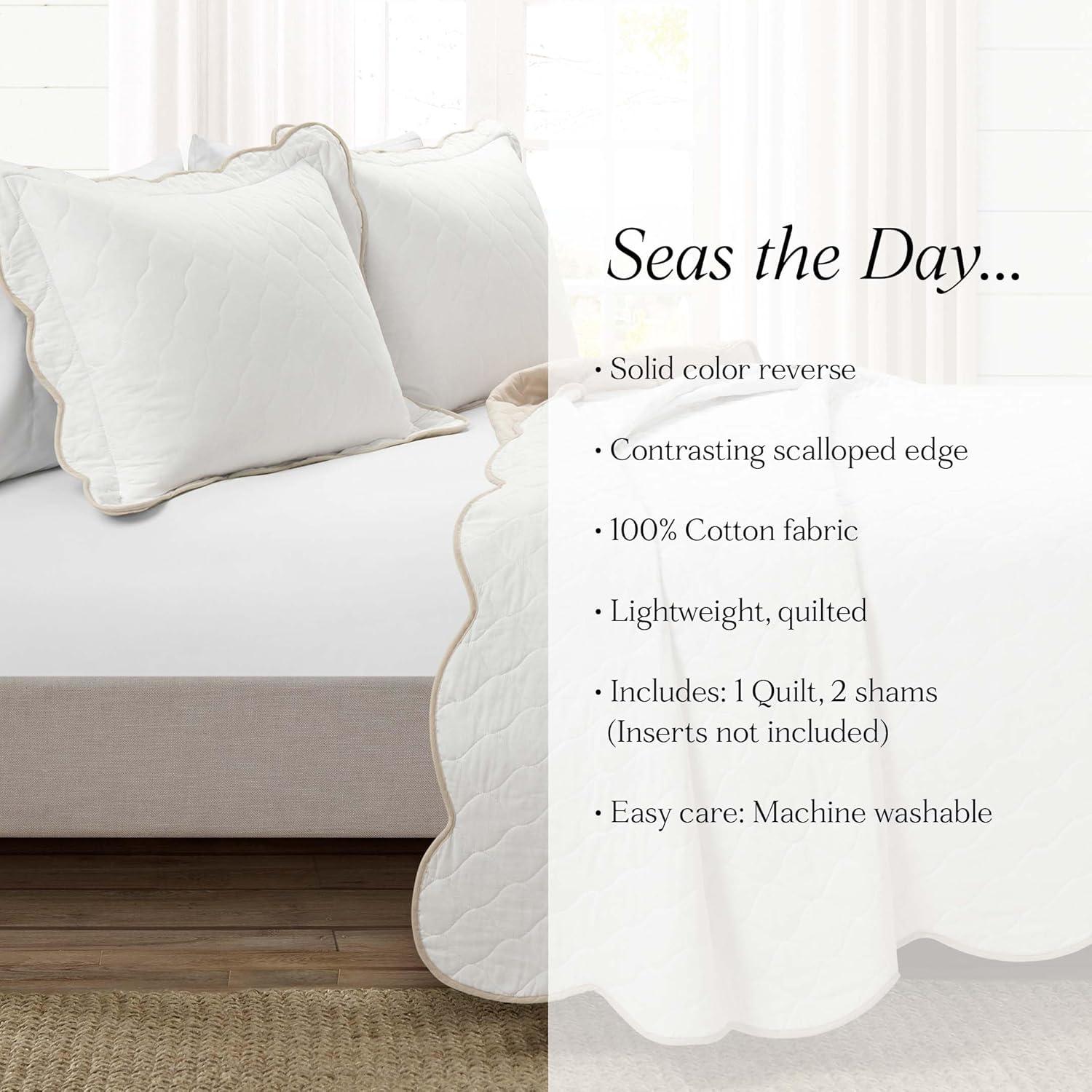 Lush Decor Coastal Chic Scallop Edge Reversible Quilt Neutral/White 3Pc Set King/Cal King