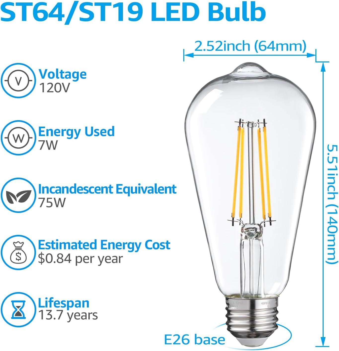 TORCHSTAR 12 Pack Bombilla LED ST64/ST19, Regulable, 7W(75W Equivalente), Bombilla Filamento Vintage, Base Mediana E26, Luz Decorativa Interior, 2700K Blanco Suave