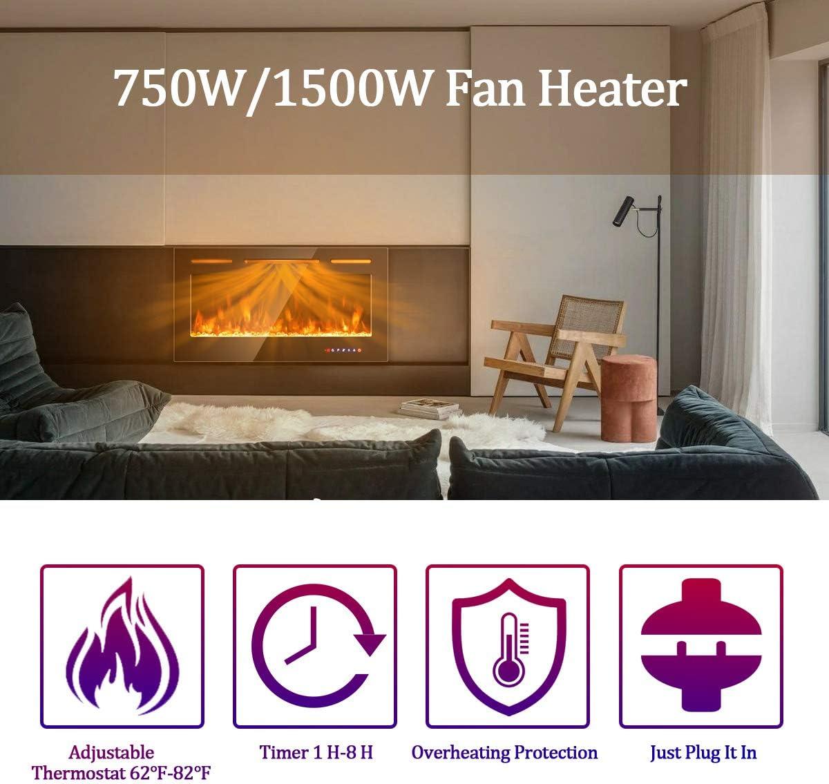 Tangkula 36"/40"/50" Recessed Electric Fireplace Wall Mounted Heater w/Remote Control 750W/1500W mode Adjustable Flame