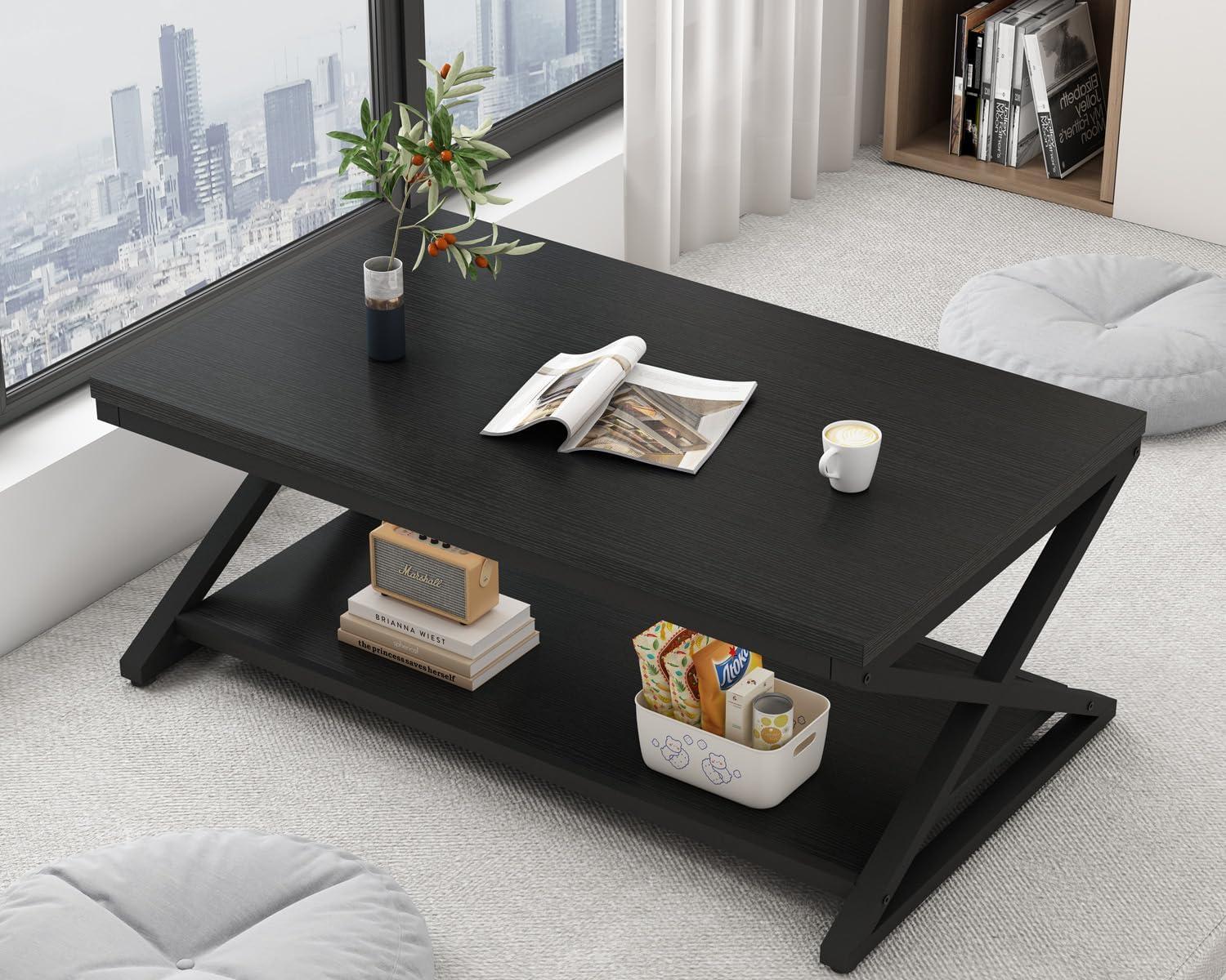 Black Oak 47" Rectangular Coffee Table with Storage Shelf