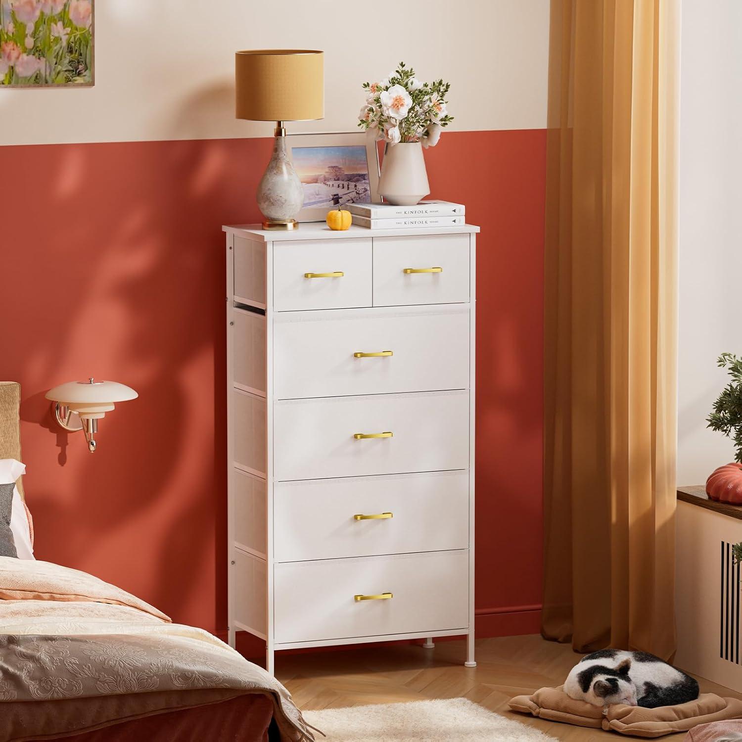 White Tall Dresser with Gold Handles and Fabric Bins