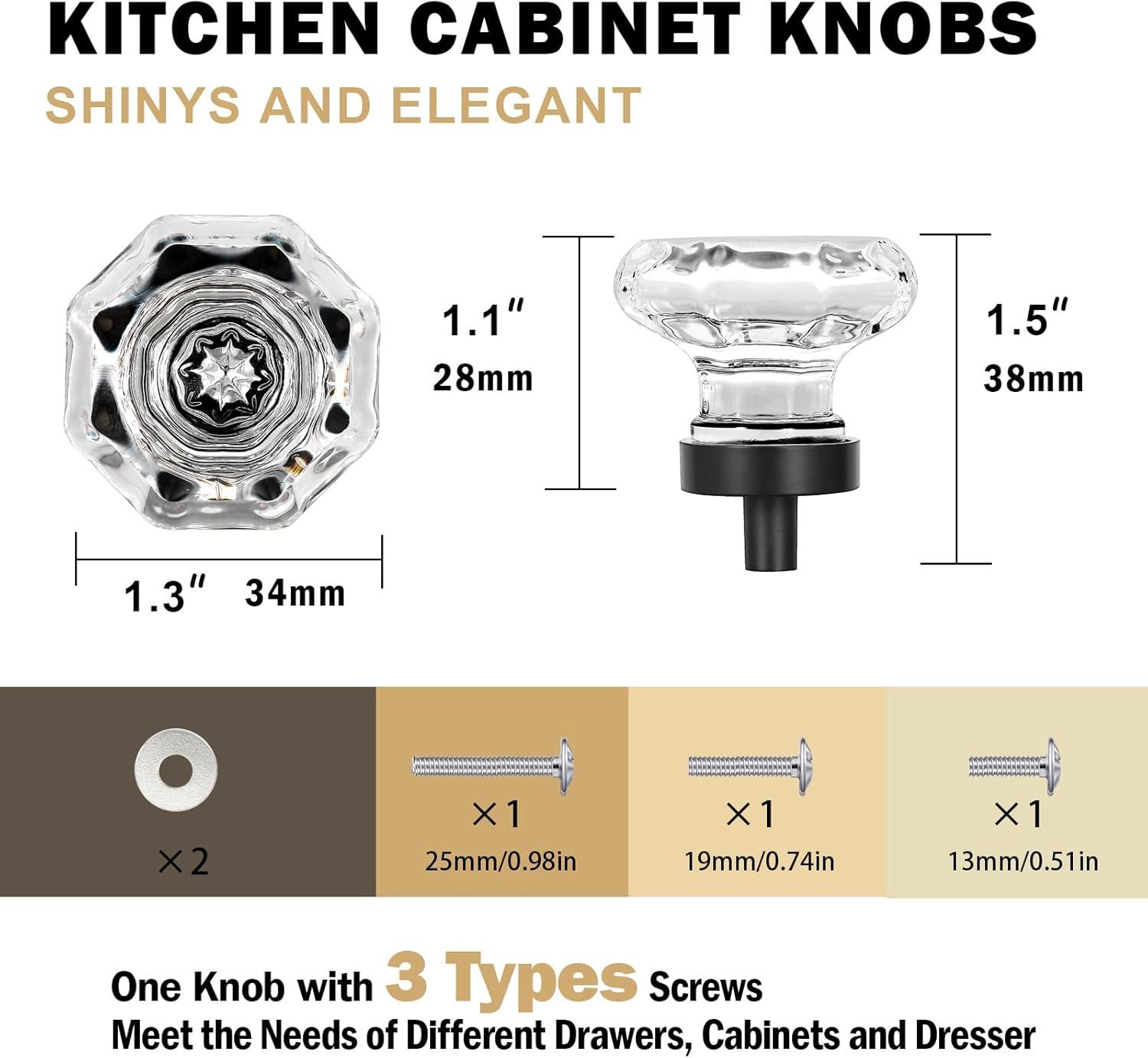 8 Pcs Crystal Cabinet Knobs, Glass Cabinet Knobs for Dresser Drawers, Kitchen Drawer Pulls Black Matte, Octagon